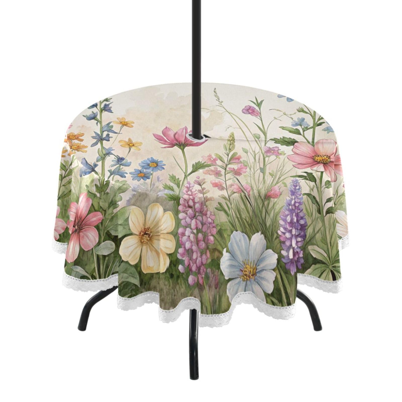 Ttgoth Wildflowers Outdoor Table Cloth 152 cm Water Stain & Resistan Tablecloth Wipeable Table Cover with Parasol Hole & Zipper for Garden Patio Party Picnic