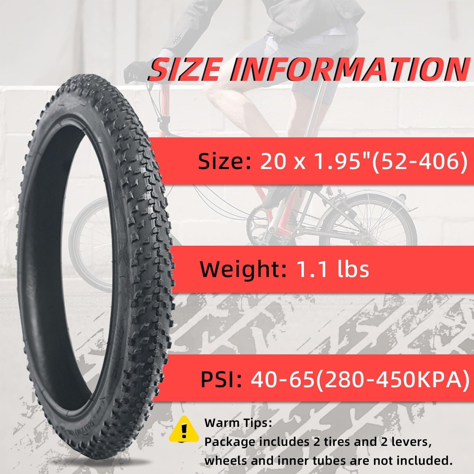 2 Zestawy Opon Rowerowych i Dętek, 14 x 1,9, 16 x 1,95, 18 x 1,95, 20 x 1,95, 20 x 2,125, 22 x 1,95 Cala, Odporne na Przebicie Opony Zamienne do Rowerów Górskich(20x1.95 in)