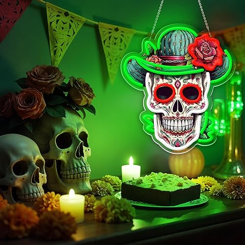 Miniatura 5 de Letrero de neón del Día de los Muertos, luz de neón LED de calavera de azúcar mexicana para decoración del hogar y bar, arte impreso UV con tira LED