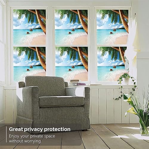 Vista 48 de Tropic - Película 3D para ventana, palmeras tropicales oceánicas en isla soleada, imagen panorámica, para puerta de cristal, baño, sala de estar