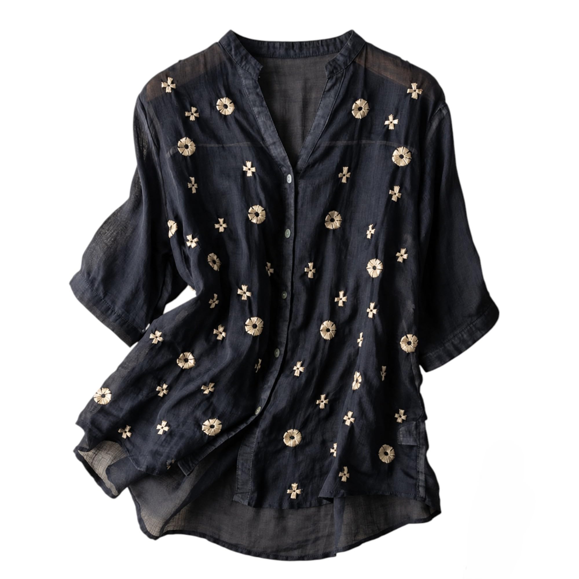 RIEKA Womens Floral Applique Embroidered Fancy Top with Mandarin Collar Button Down Front Half Sleeves Relaxed Fit Casual Tunic Top for Women