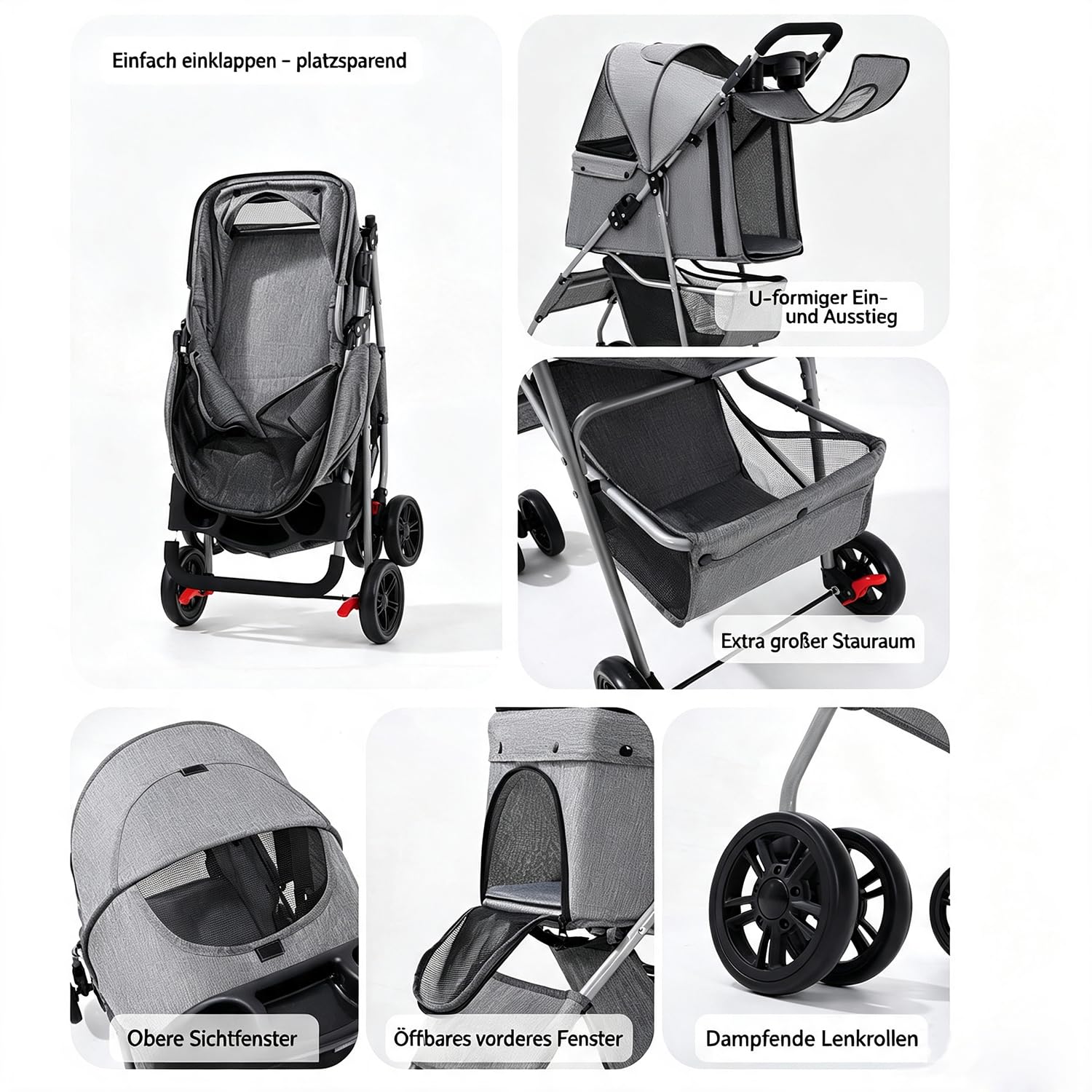 Hundewagen Hundebuggy faltbar Haustier Kinderwagen mit verstellbarem Sonnendach, Polster & Korb, Räder mit Bremse Getränkehaltern Speiseteller Katze & Kleintiere,Schwarz