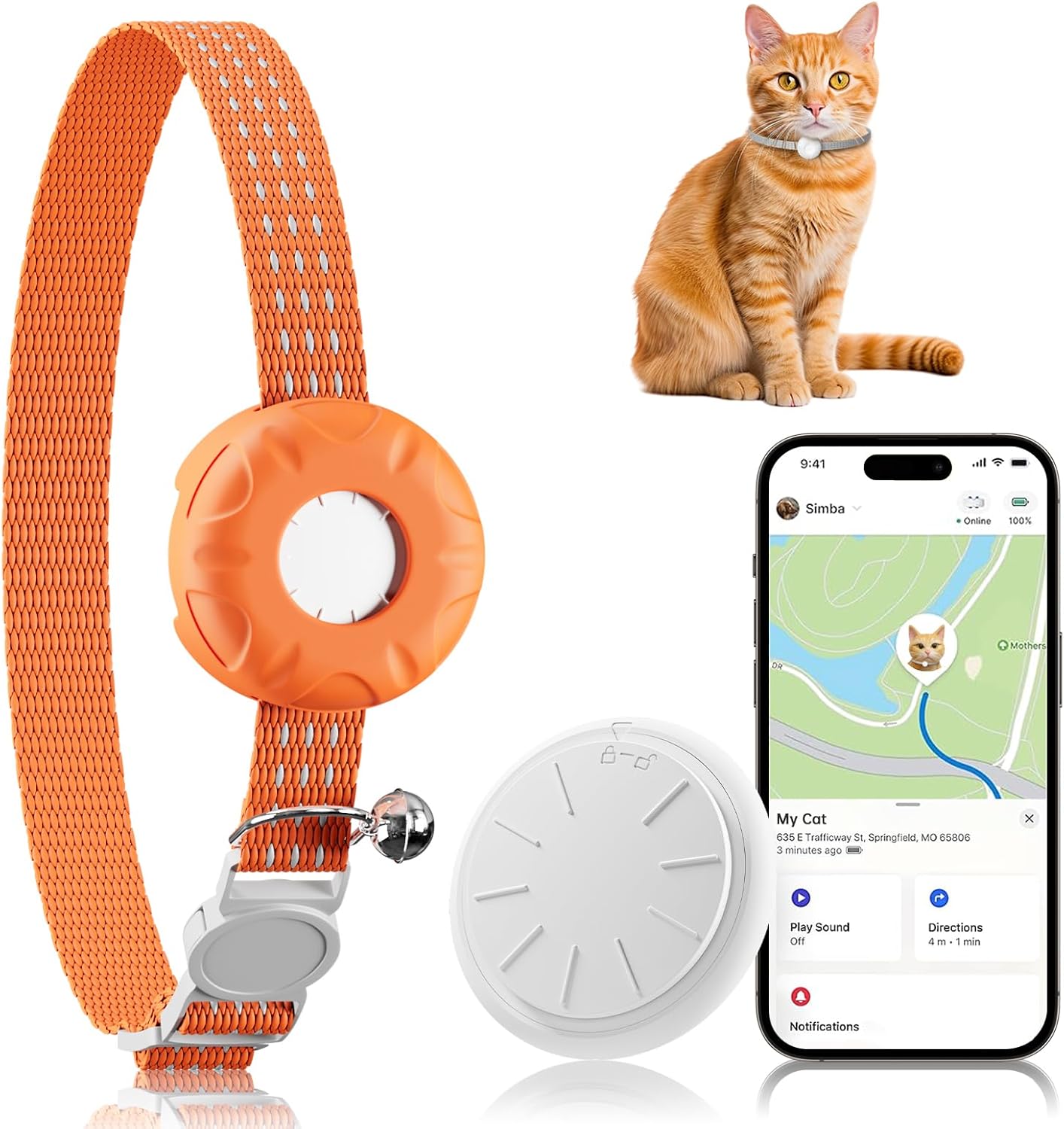 Cat Tracker, GPS Tracker, Pet Tracker Compatible with Apple Find My App(Only iOS), Waterproof Cat Trackers Collar with Bell and Safety Elastic Buckle,No Monthly Fee, Smart Alerts, Orange