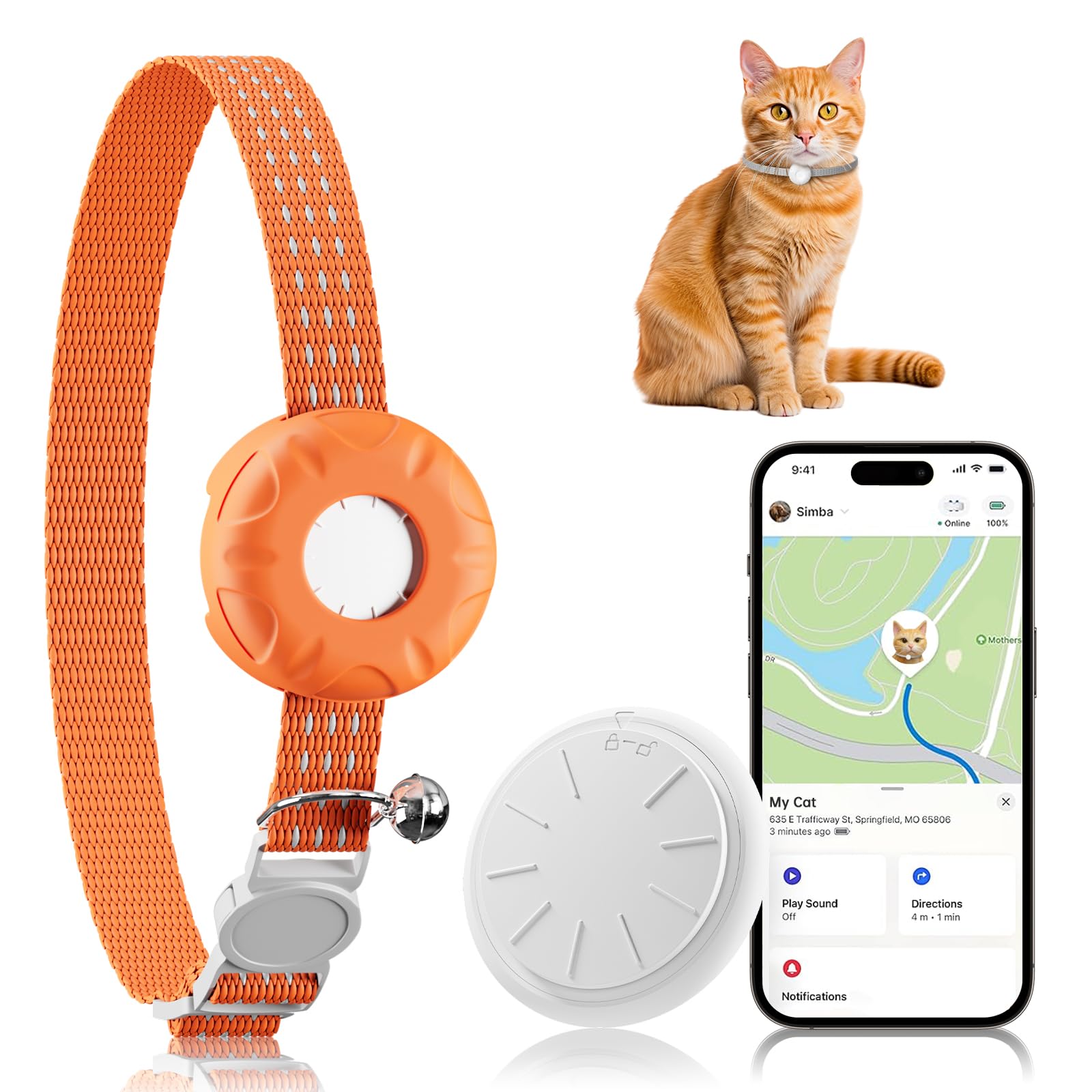 Localizzatore GPS per gatti, compatibile con Apple Find My App (solo iOS), collare impermeabile per gatti con campanello e fibbia elastica di sicurezza, senza canone mensile, avvisi intelligenti
