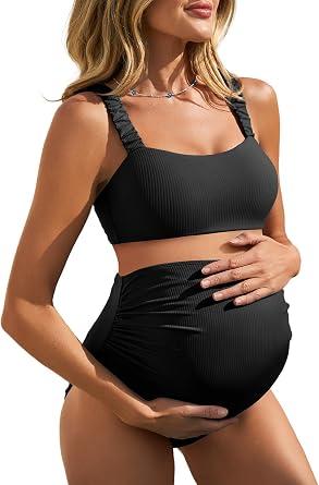 Summer Mae Ribbed Maternity Bikini Swimsuit Two-Piece Crop Top Bathing Suit | Pregnancy swimwear,High waisted bottom,Bikini top with tie,Elastic wrinkled shoulder straps,High-stretch,Babymoon,Beach party