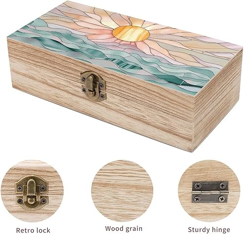 Miniatura 3 de Sunset Ocean Waves Wooden Storage Box with Hinged Lock,Decorative Handmade Keepsake Jewelry Chest, Elegant Retro Decor Boxes, Compact Organizer Box