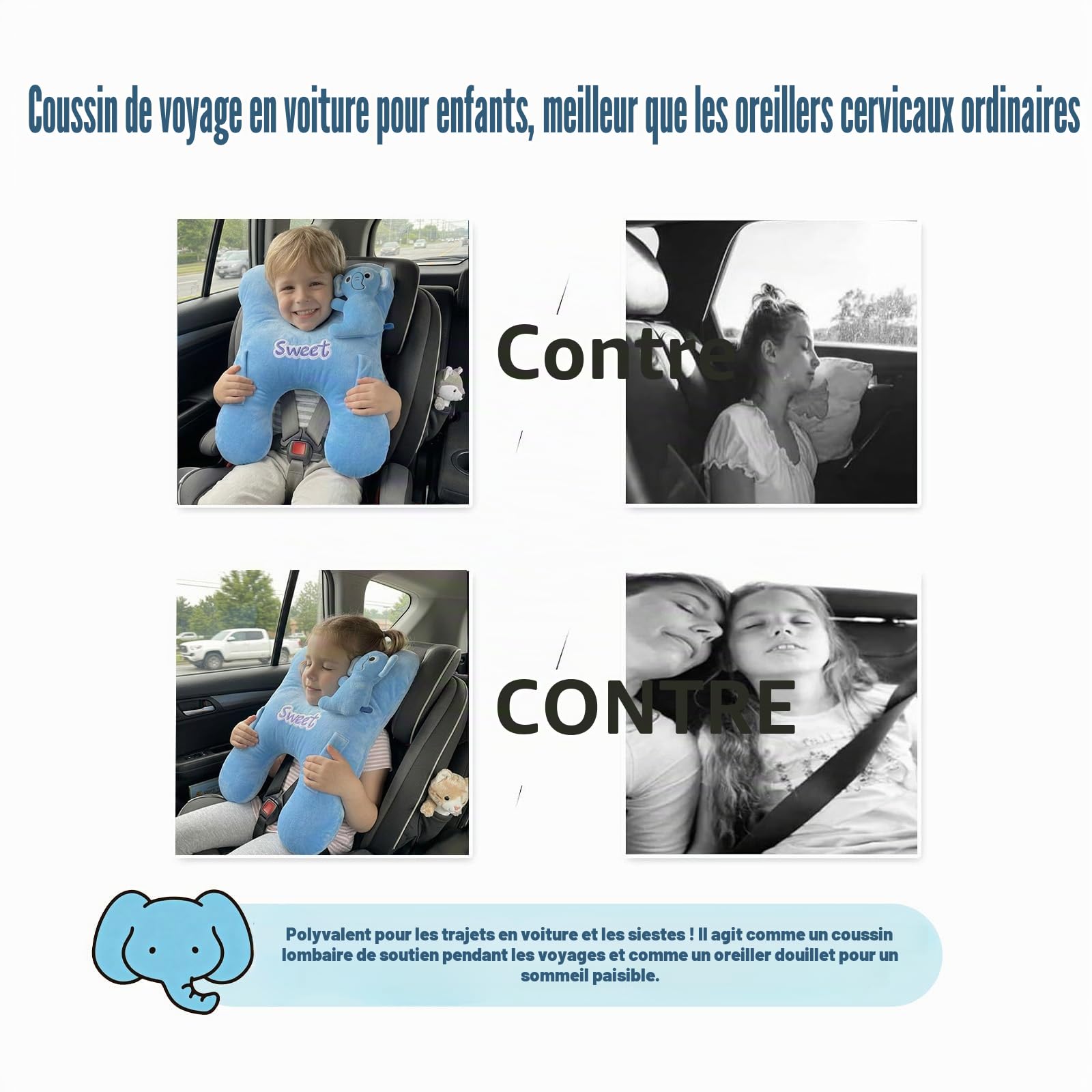 Devineresse Oreiller de Voyage Enfant, Coussin Voyage Enfant Forme H avec Appui-Tête Latéral Amovible, Oreiller de Voiture pour Dormir Lors de Longs Trajets, Velours Cristal et Éléphant