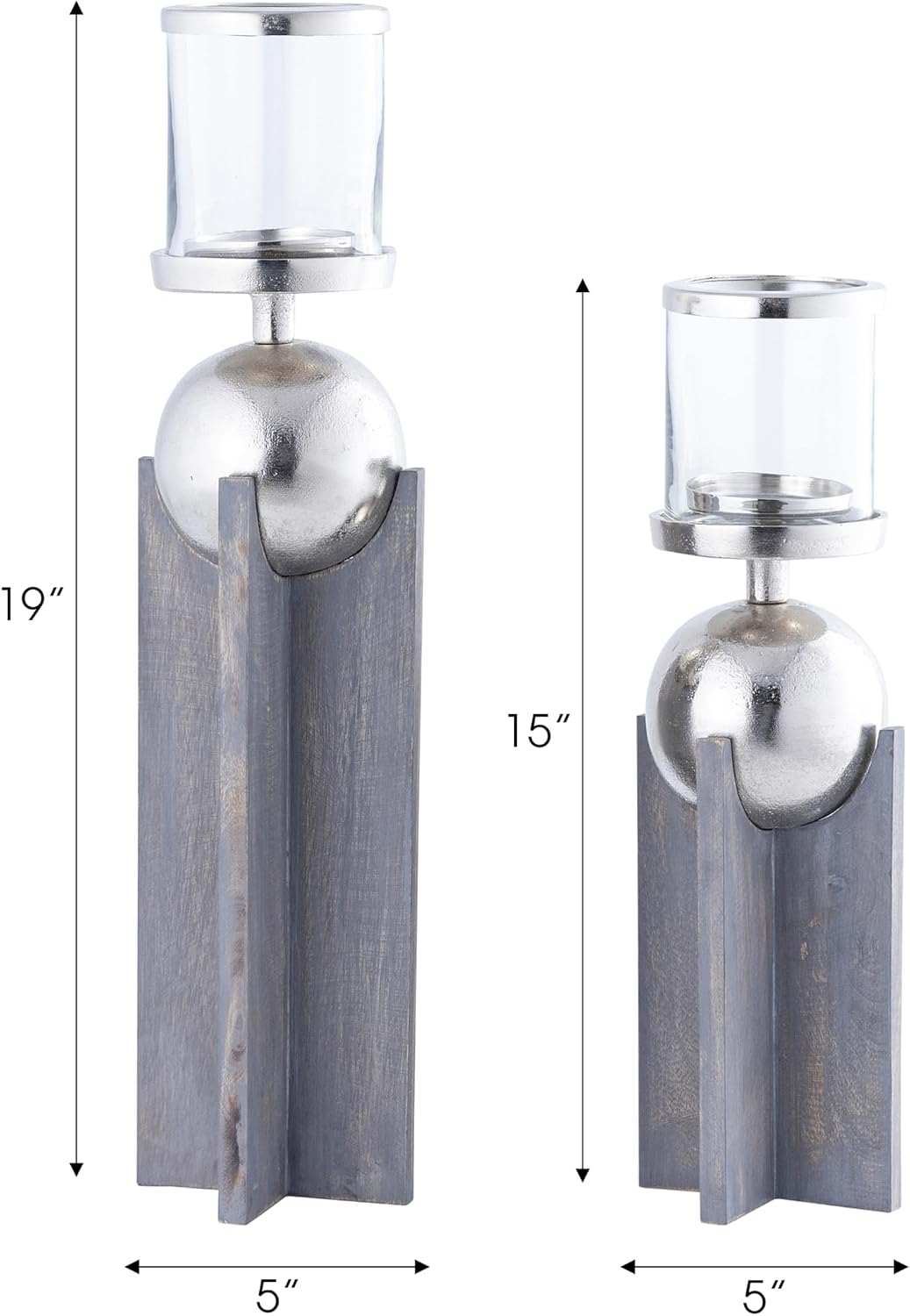 Decorative Glass Pillar Candle Holders with Wood Base - Home Decor Accent for Table Centerpiece, Mantel Display, or Bedroom - Elegant Candle Stands for Living Room Decor Set of 2-19", 15" Gray