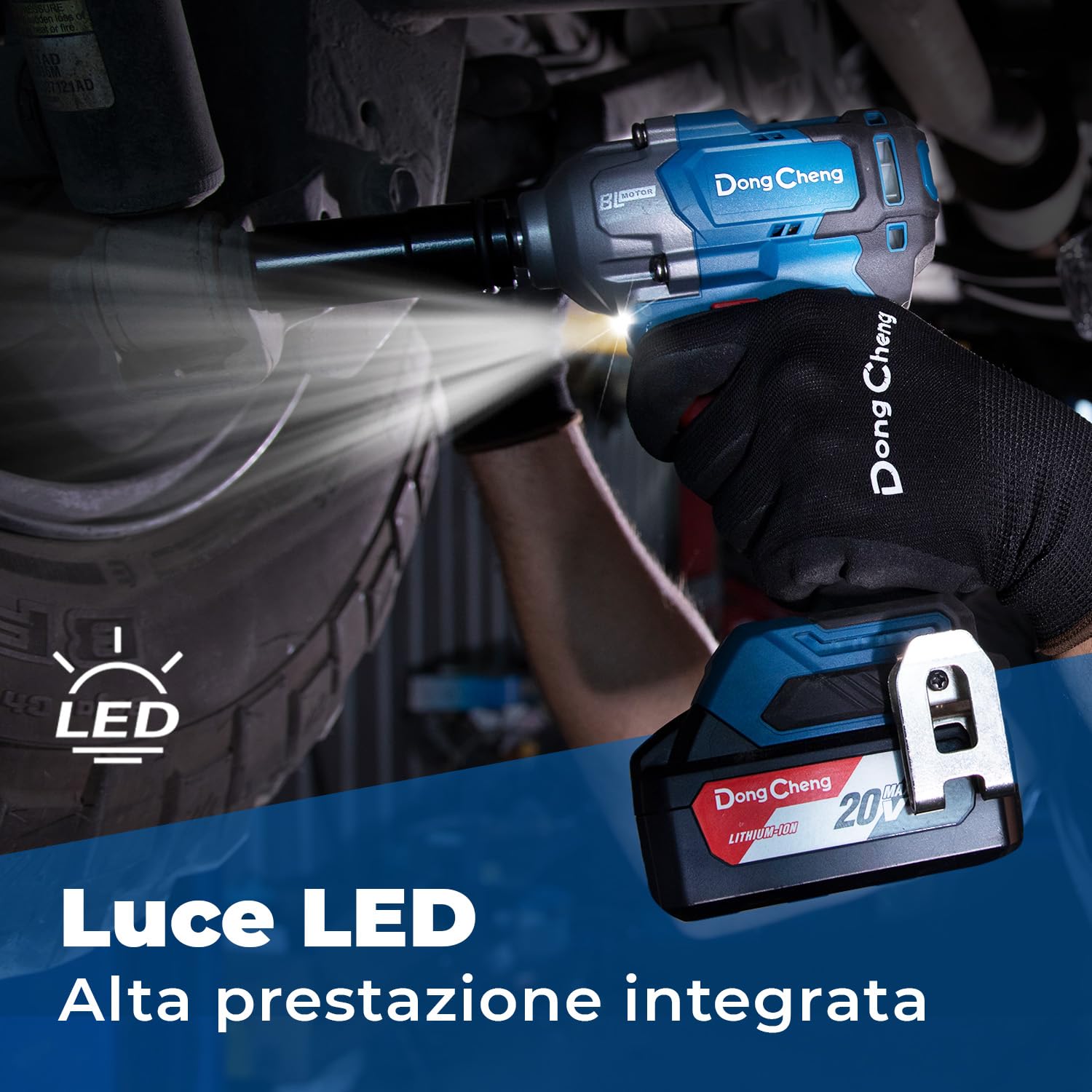 Dong Cheng Avvitatore a impulsi a batteria 20V con batteria da 4,0 Ah, motore brushless, attacco 1/2", cambio a 3 velocità, Per uso automobilistico e fai da te