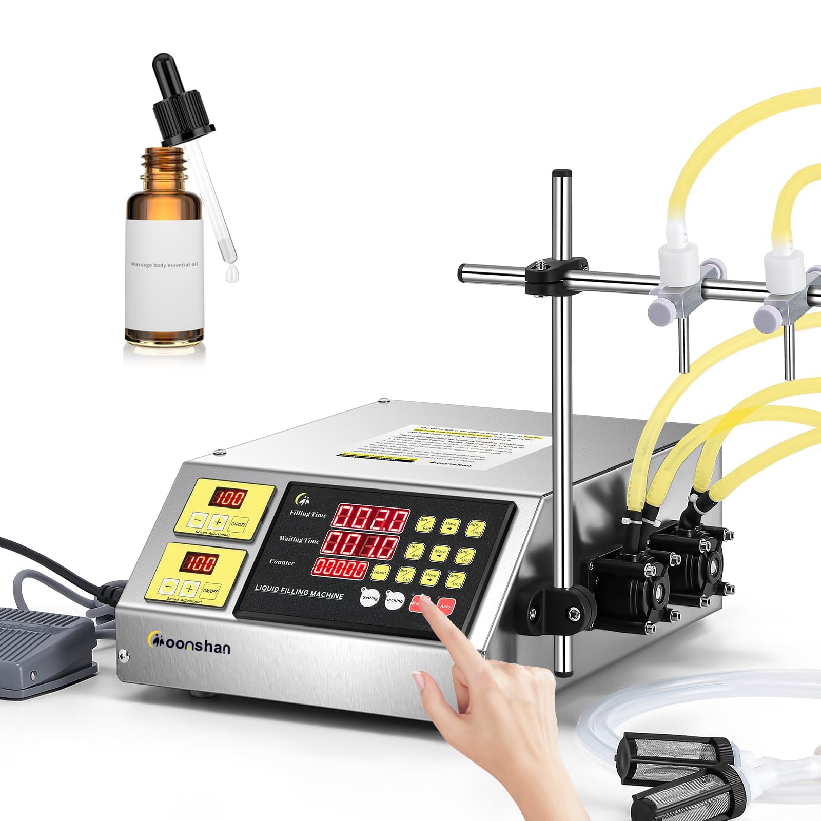 Liquid Filling Machine 22 oz/min Peristaltic Pump Bottle Filling Machine Automatic Bottle Filler Machine Digital Control for Wine Cosmetic Oil Beverage Lotion Essential Oil (Double Nozzle)