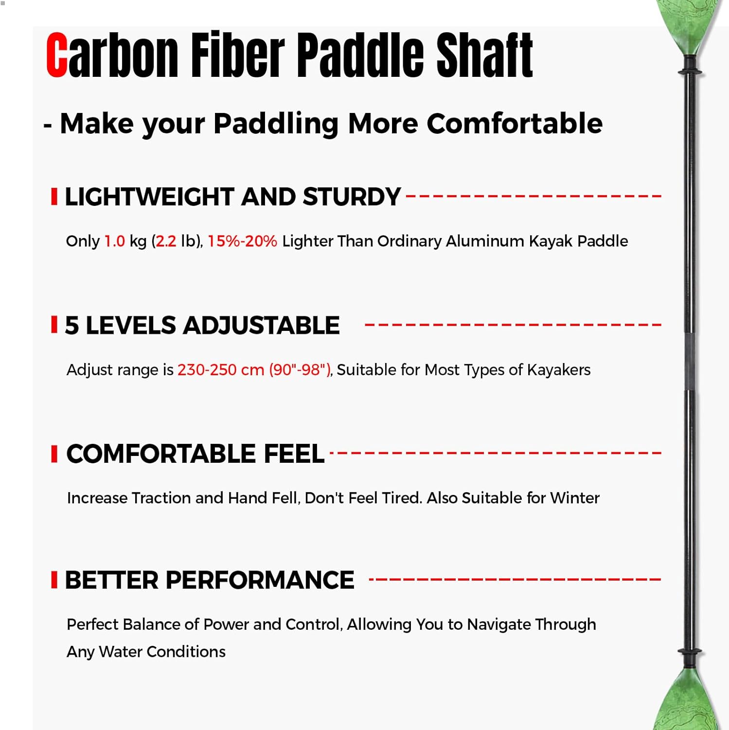 Kayak Paddle Carbon Fiber Shaft and Reinforced Nylon Blade, Adjustable Kayaking Oars, 3 Piece, 230-250 cm/90-98 Inches,210-230 cm/82-90 inches