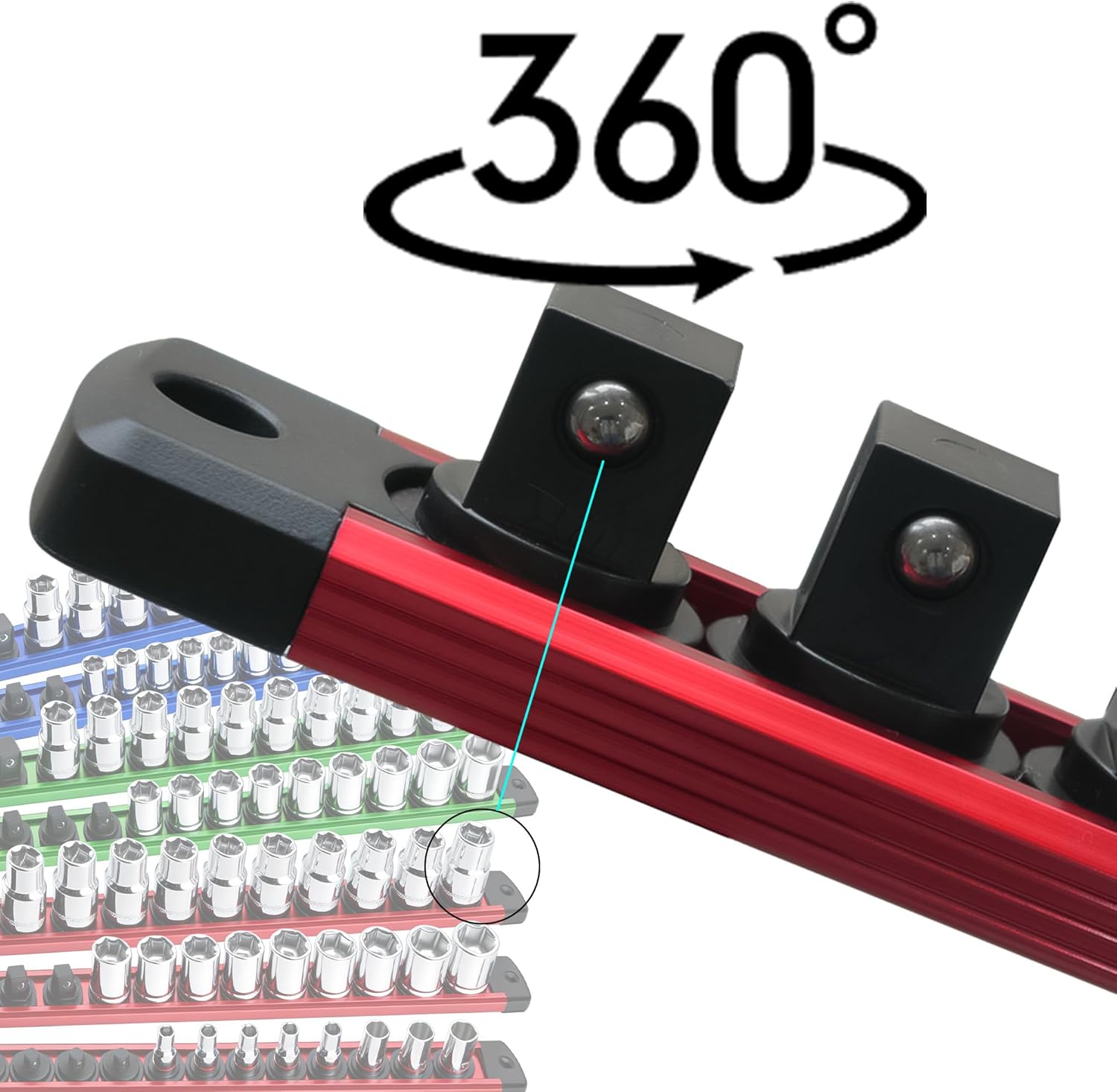 Magnetic Socket Organizer Set, 9-Piece Detachable Magnetic Socket Holder for 1/4, 3/8, 1/2 Sockets, 120-Slot Aluminum Socket Organizer Magnetic for Toolbox Drawer, Garage & Mechanics (Red/Blue/Green)