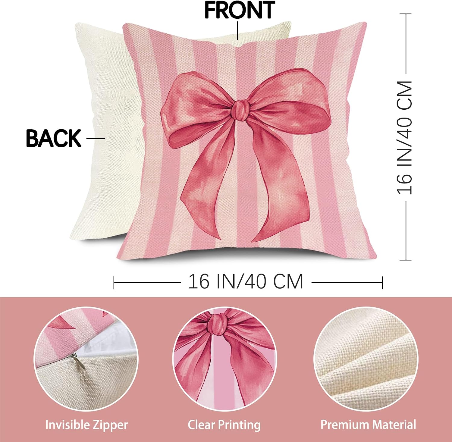 Pink Coquette Bow Decorative Throw Pillow Covers 16 x 16 Set of 4 image 2