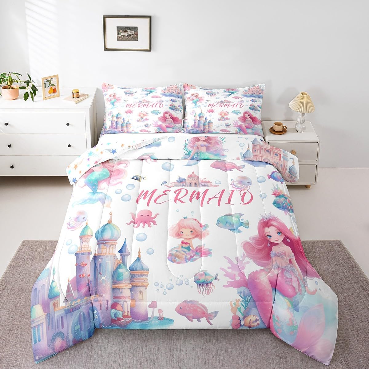 Mermaid Comforter Set Full,Kids Cartoon Castle Reversible Quilt Sets Girly Girls Rainbow Underwater World Bedding Set Ocean Life Animal Octopus Fish Pattern Duvet Insert with 2 Pillowcases Pink Blue