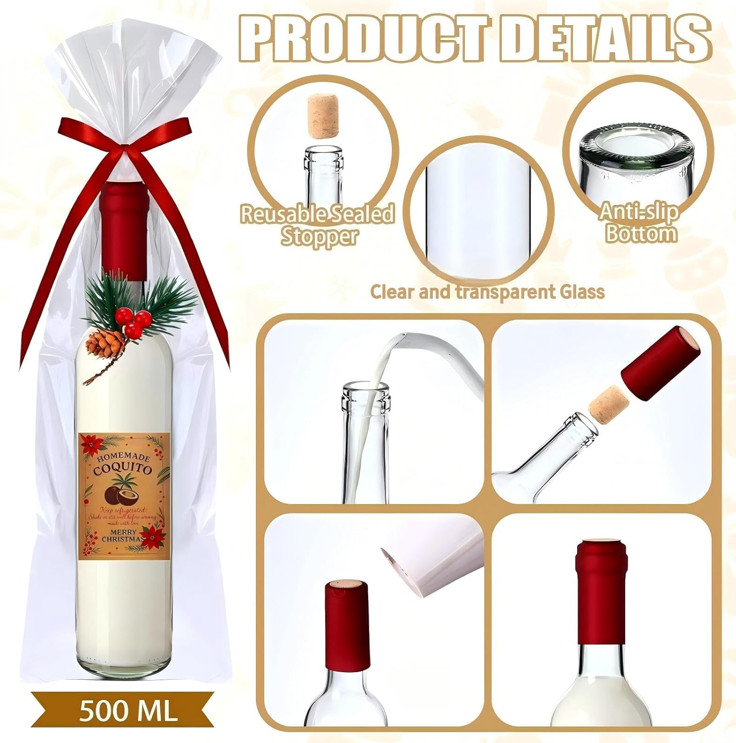 12 Set 17 oz Class Wine Bottles with Cork Lid Airtight Caps for Homemade Coquito Empty Clear Wine Bottles for Liqueur Eggnog DIY Gift Party Supply(Clear)