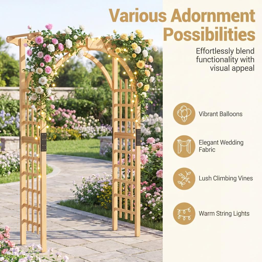 HOMASIS Arco da Giardino in Legno, Pergolato da Giardino per Piante Rampicanti, Arco Decorativo per Matrimoni, Feste e Cerimonie (Naturale, 160 x 60 x 217 cm)