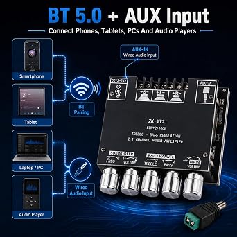 Bluetooth Power Amplifier Board with Subwoofer 2.1 Channel 50W x 2+100W DC 12V-24V Audio Power Amplifier Module for DIY Bluetooth Audio and Store Home Theater with Treble and Bass Control