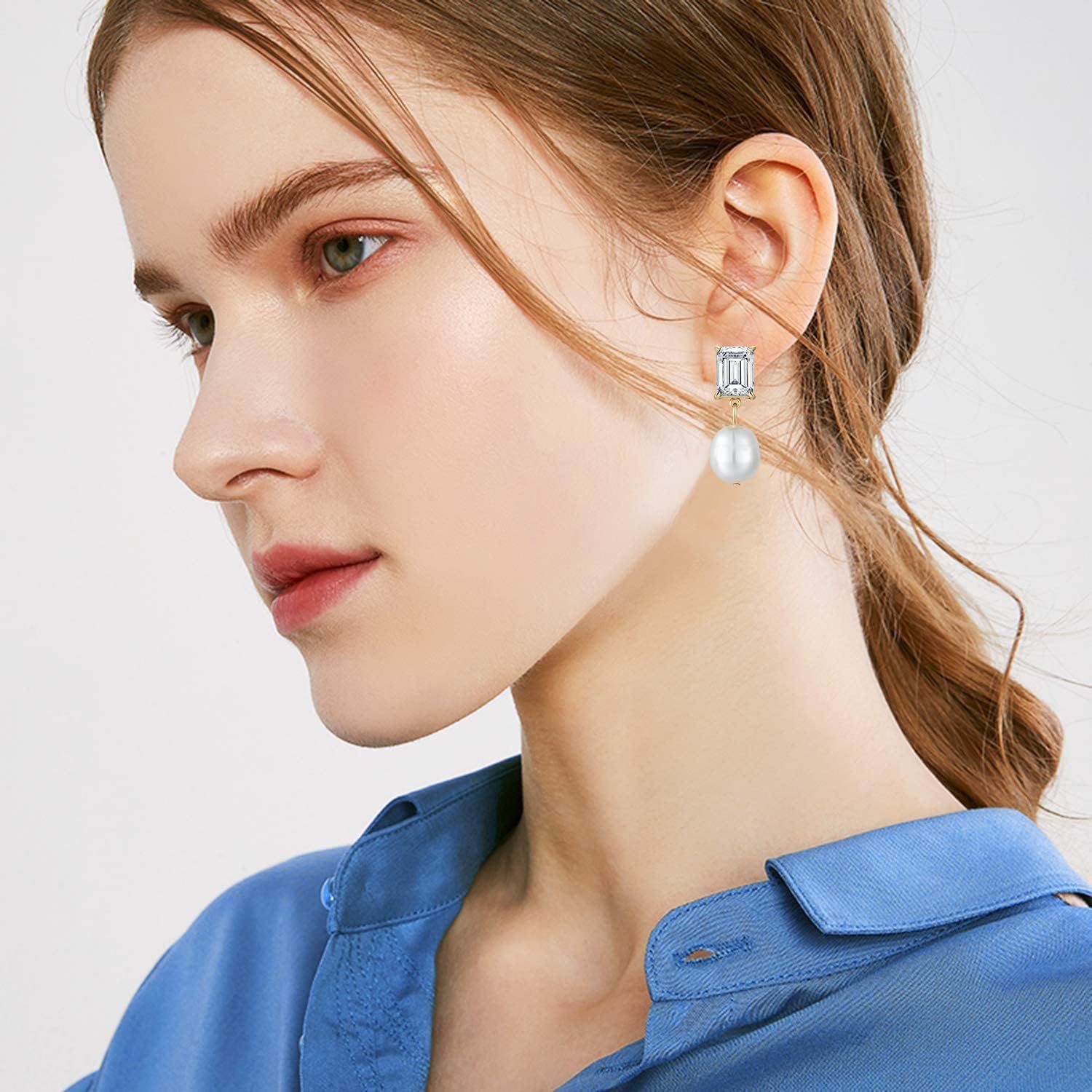 Sterling Silver Cubic Zirconia Dangle Drop Pearl Earrings with 8 * 10mm Irregular Freshwater Cultured Pearls