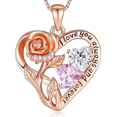 925 Sterling Silver Double Birthstone Rose Flower Heart Jewelry Necklaces for Women Anniversary Love Forever Necklaces for Her Birthday Gifts for Wife Girlfriend Mom Mothers Day Rose Gold