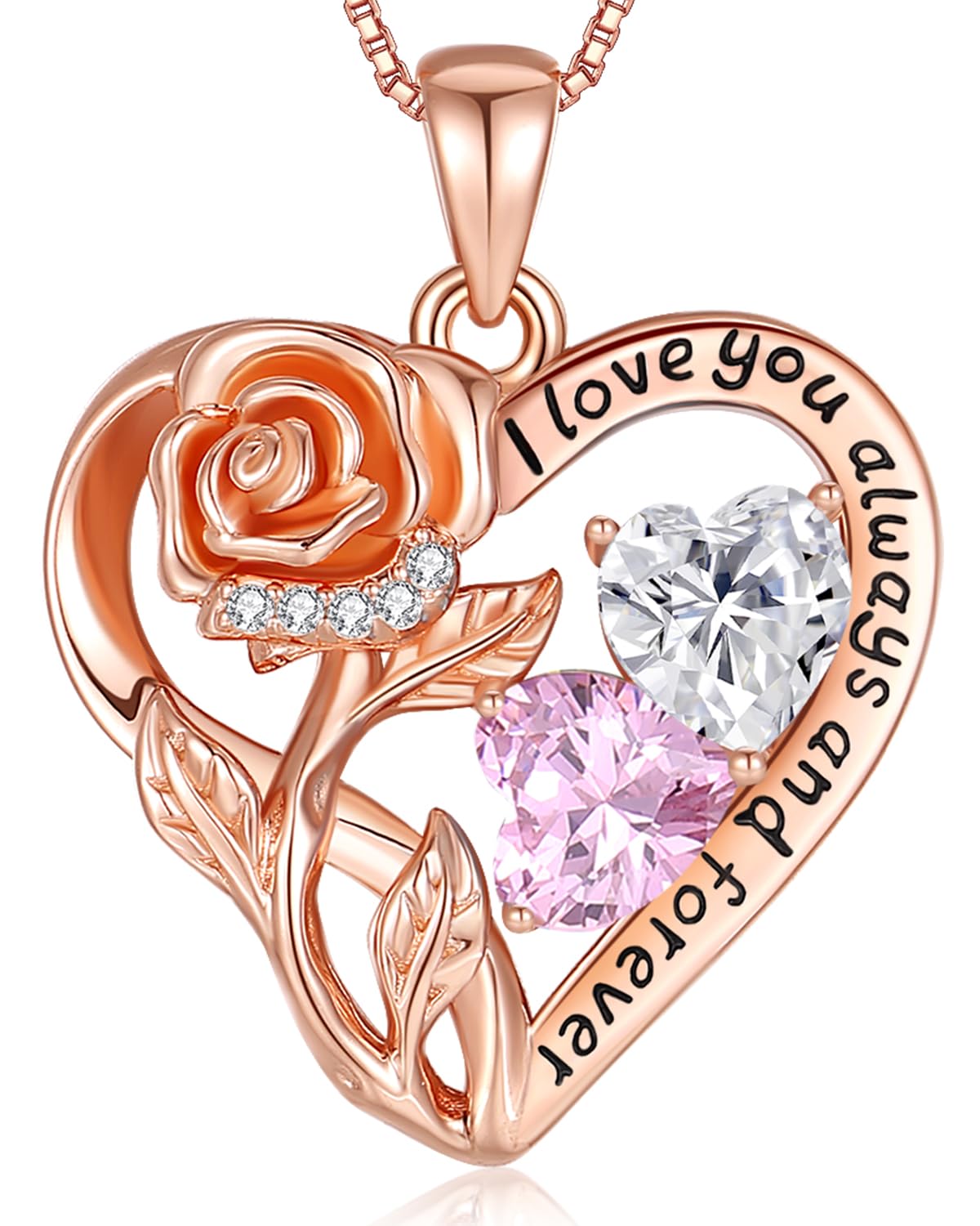 925 Sterling Silver Double Birthstone Rose Flower Heart Jewelry Necklaces for Women Anniversary Love Forever Necklaces for Her Birthday Gifts for Wife