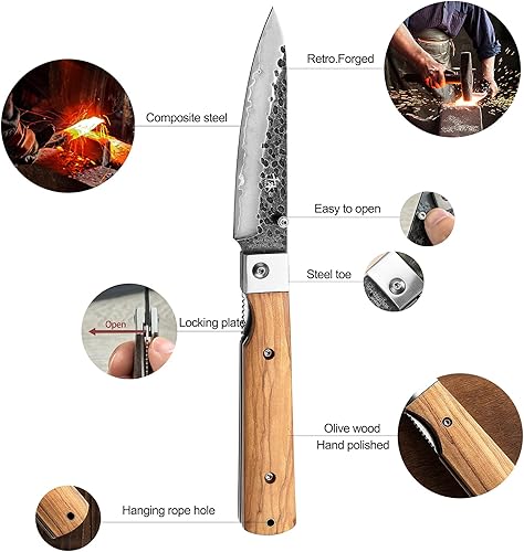 Miniatura 4 de SENBON Cuchillo de utilidad de pelado japonés de bolsillo afilado de acero inoxidable forjado 440 mango de oliva natural viaje de camping cuchillo