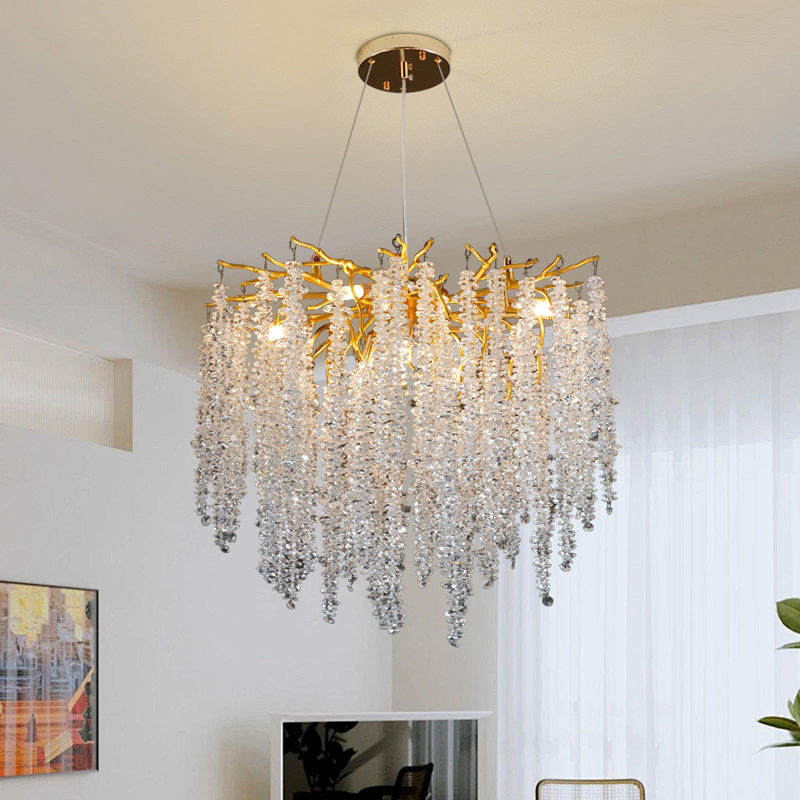 MESOVFCA Modern Crystal Tree Branch Chandelier, Gold Aluminum Crystal Raindrop Chandeliers Indoor Hanging Pendant Light Fixture for Dining Room Kitchen Island Living Room Bedroom,Round D60CM