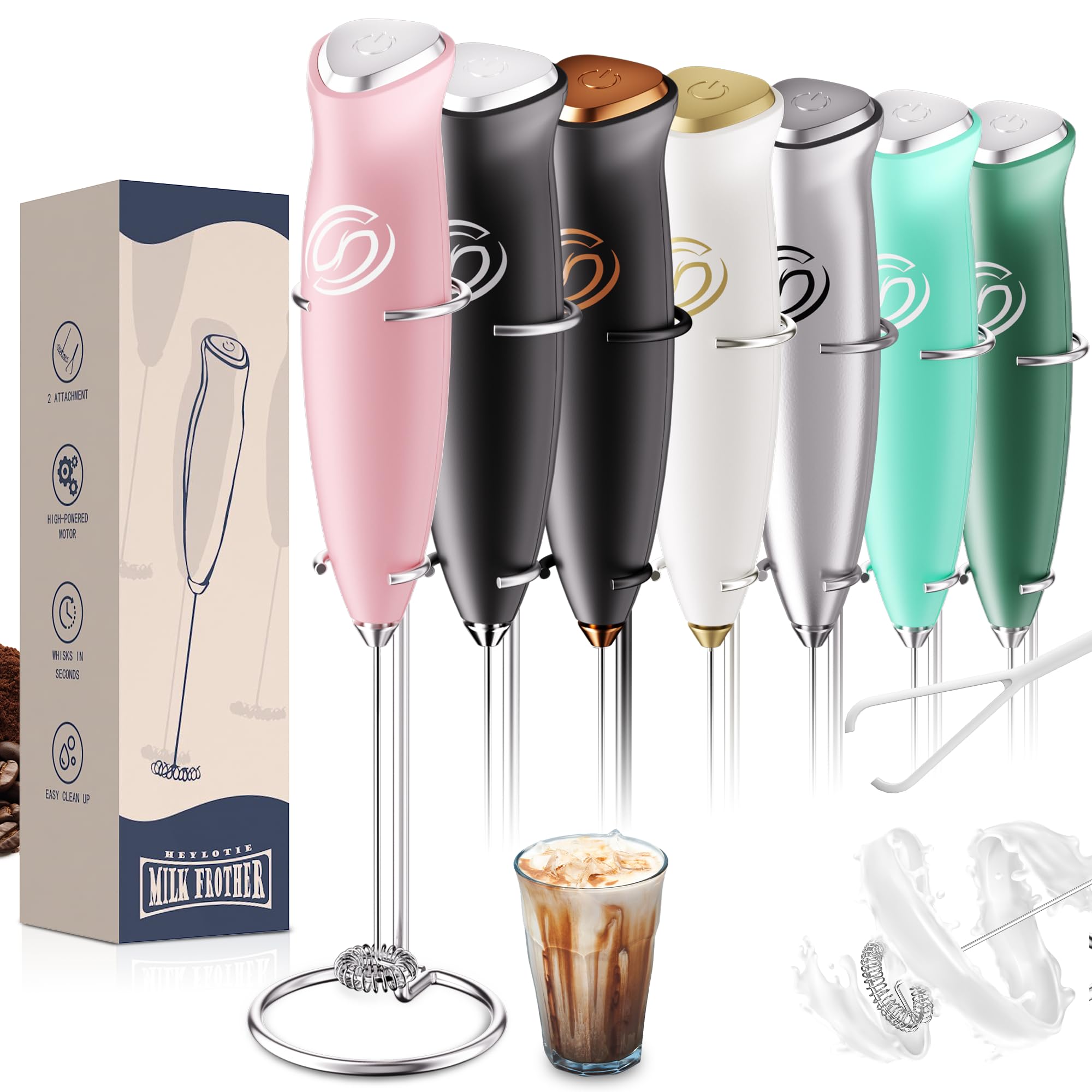 Milk Frother With Stand Handheld Frother Wand Drink Mixer Handheld Coffee Stirrers Electric Frother for Coffee Mixer Wand with 2 Whisk frother for protein powder-Pink