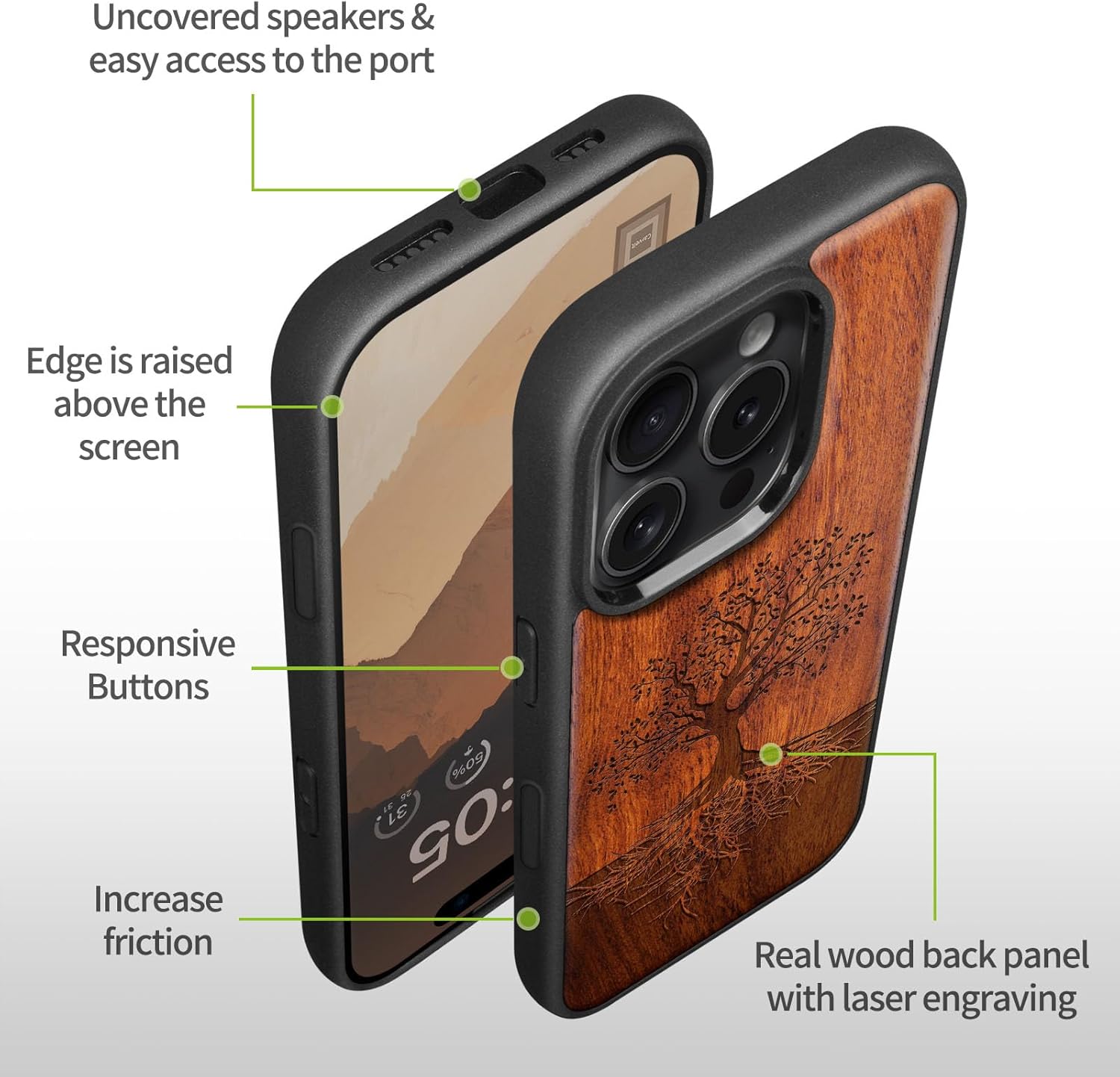 Carveit Magnetic Wooden Case for iPhone 16 Pro Max Case, Wood Artisan Engraved & Black Soft TPU Shockproof Cover, Compatible with MagSafe Wireless Chargers (The Yin Yang Tree -Rosy