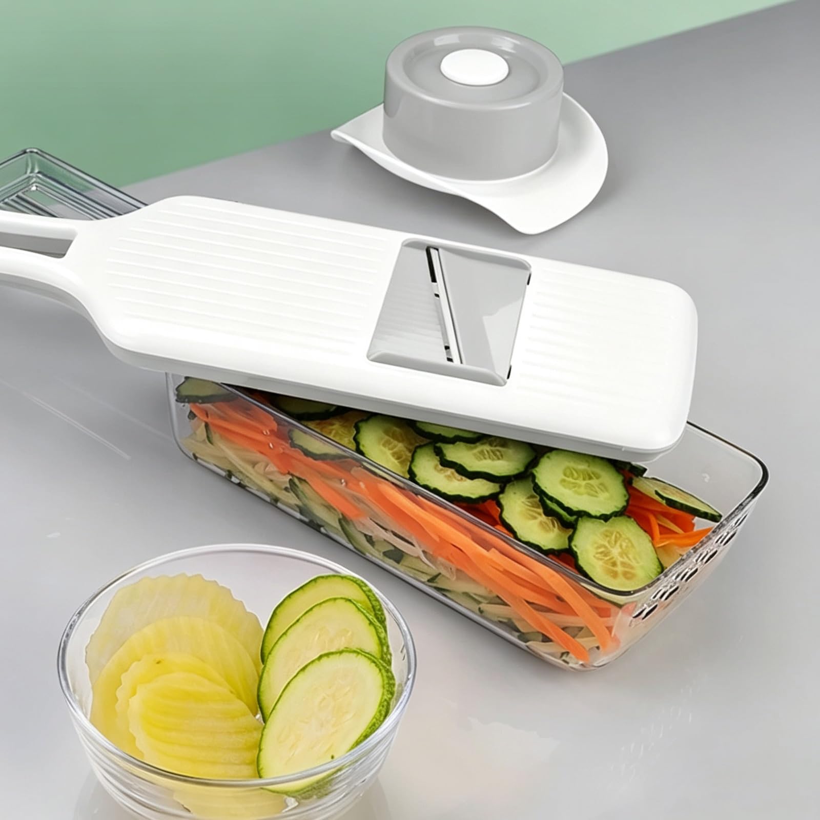 Mandolina de Cocina Profesional, Cortador de Verdura, con Caja Drenaje y Protector Mano Seguridad, Diseño con Orificio Drenaje, para Papas, Pepinos y Preparación