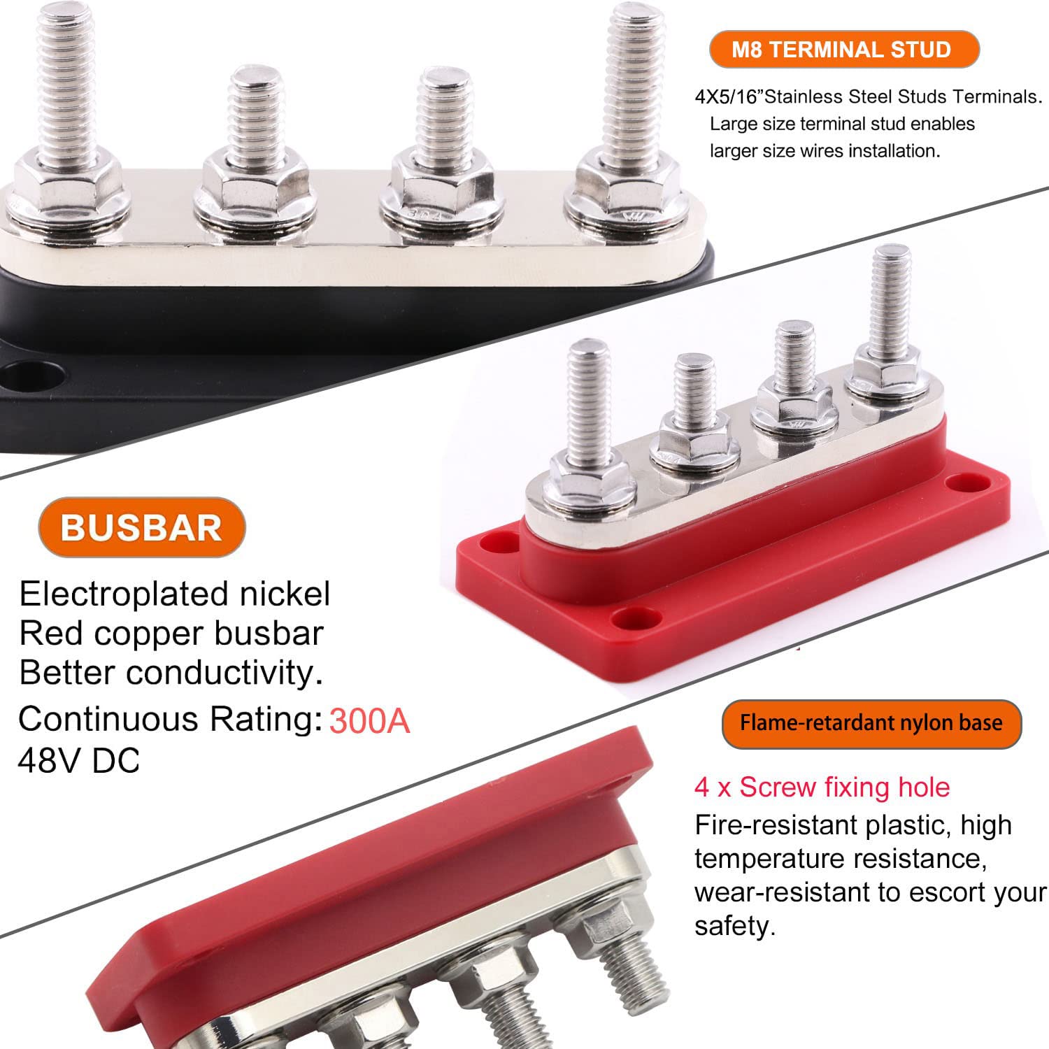 Bus Bar 300A Blocco di Distribuzione dell'alimentazione Rame 12V-48V cc Busbar, Morsettiere Barra Collettrice con 4 x M8 Terminal a Bolts per Auto Camion RV Marine Barca Solare (Rosso e Nero)