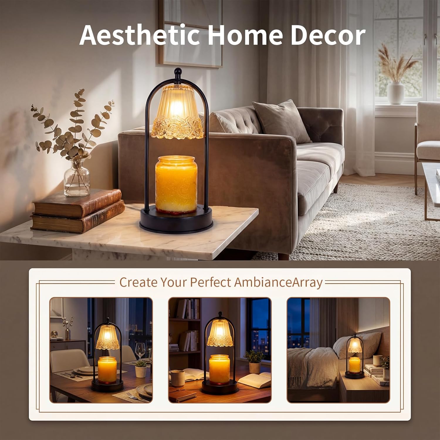 Vintage Rose Candle Warmer Lamp with Timer & Dimmer - Portable Iron Base, Amber Glass Shade, 2 Bulbs Included - Electric Wax Melter for Home Decor (Rose)