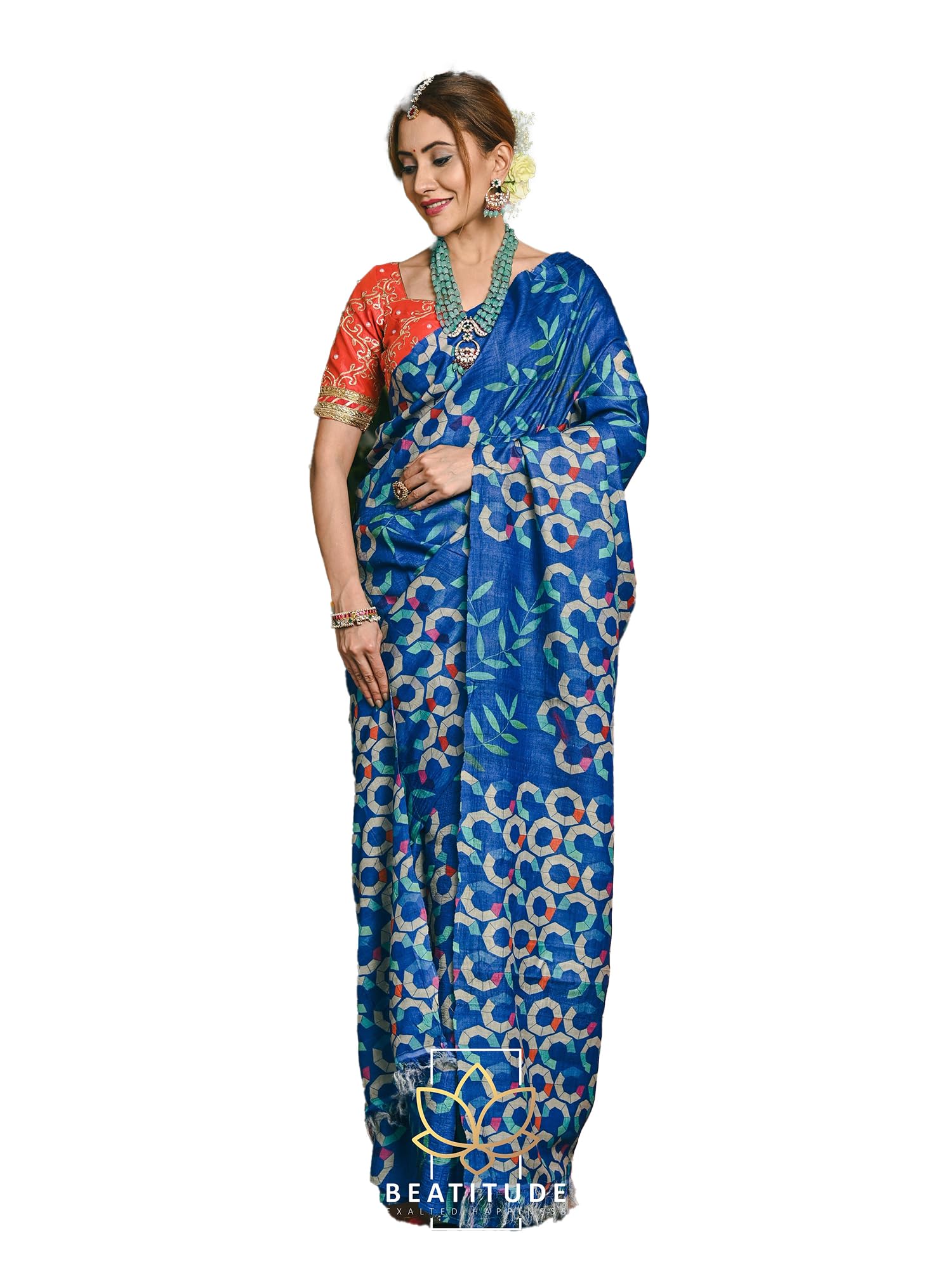Beatitude Multicolor Handwoven Kosa Silk Digital Print Designer Saree for Women Indian Fancy Sarees with Blouse Piece (BAV12KS1001)