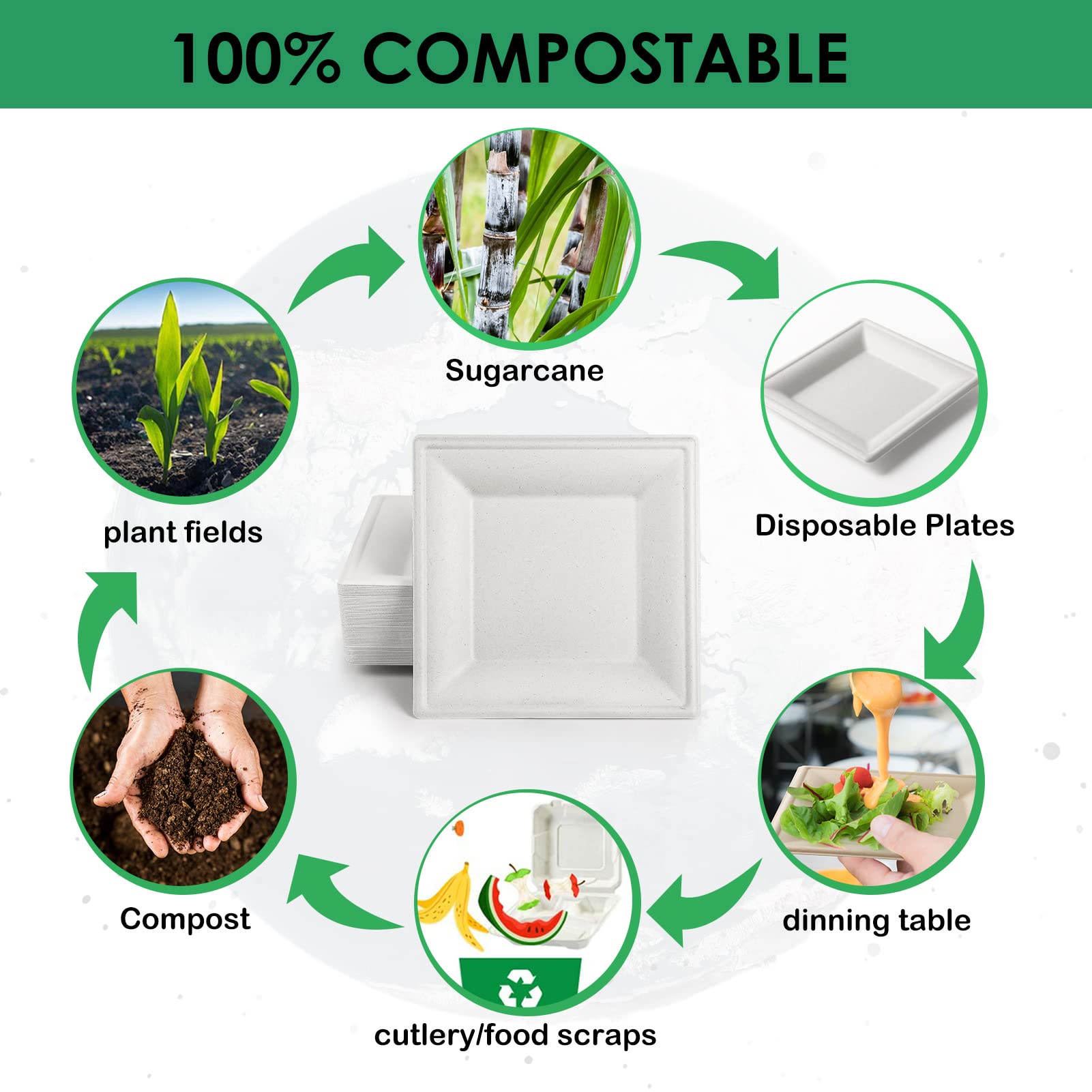 Gezond Paquete de 100 platos de papel cuadrados compostables de 10 pulgadas, platos de papel desechables grandes cuadrados, platos blancos biodegradables para fiestas