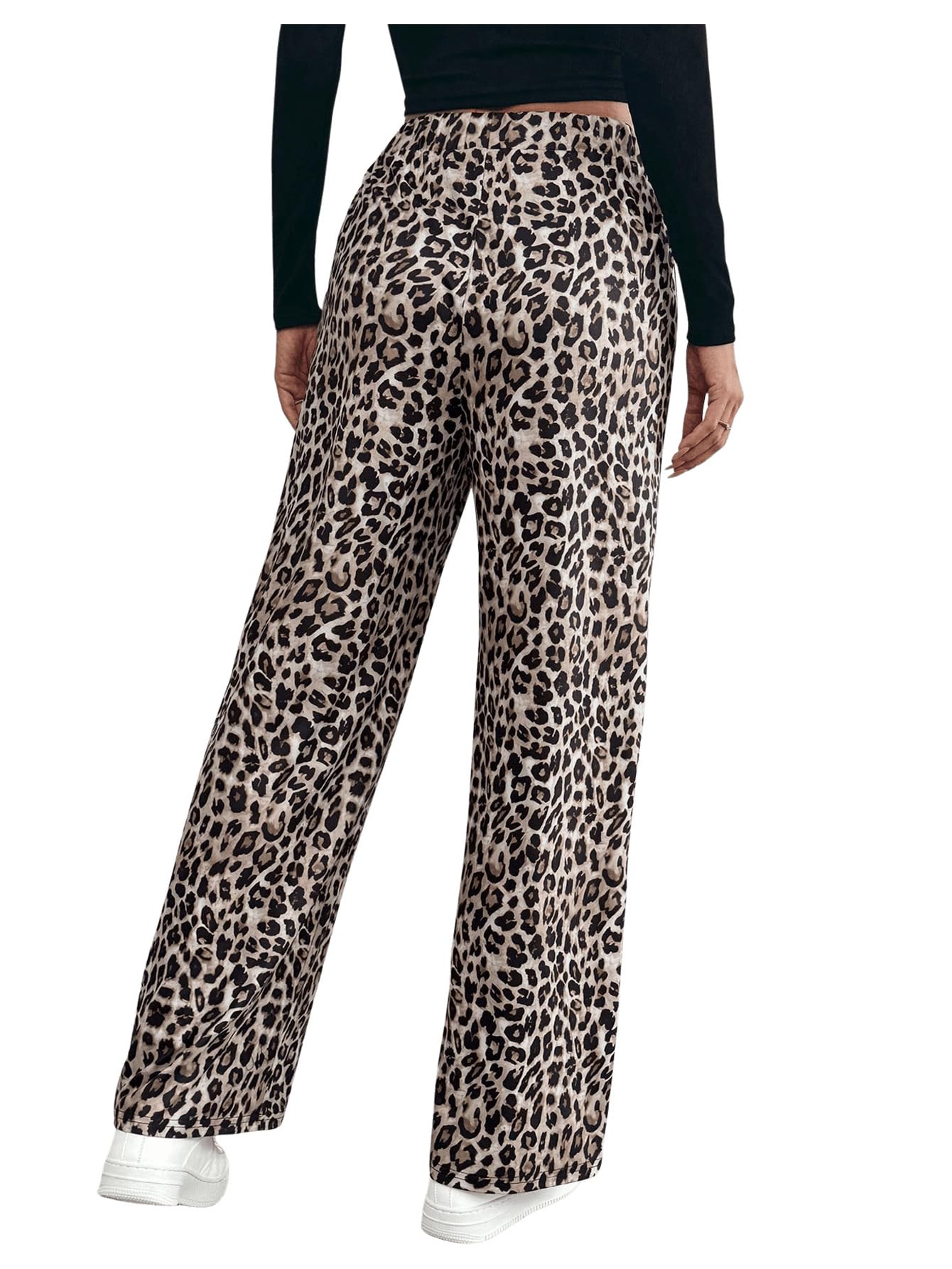 GORGLITTER Pantaloni lunghi da donna, a gamba larga, con stampa leopardata, in tessuto, con tasche, a vita alta, elasticizzati, pantaloni dritti