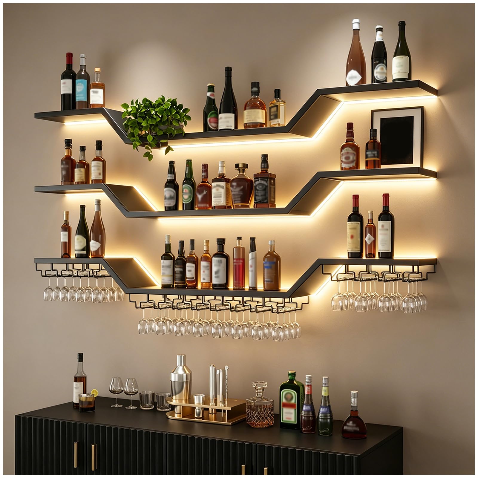 Photo 1 of [Fully Assembled] 63" Modern LED Wine Rack Wall Mounted - No Assembly Needed 3-Tier Floating Bar Shelves with Wine Glass Rack & Hanging Liquor Shelf, for Home Bar Dining Room Cafe (Black, 63in/160cm)
