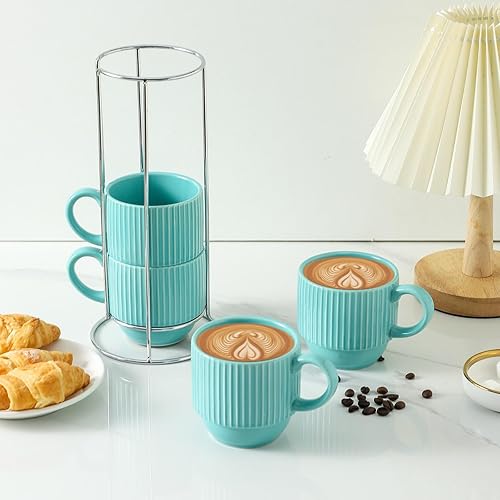 Vista 109 de Hasense Juego de 4 tazas de café de cerámica con soporte, 15 onzas, apilables, grandes, de porcelana, acanaladas, para capuchino, té, cacao