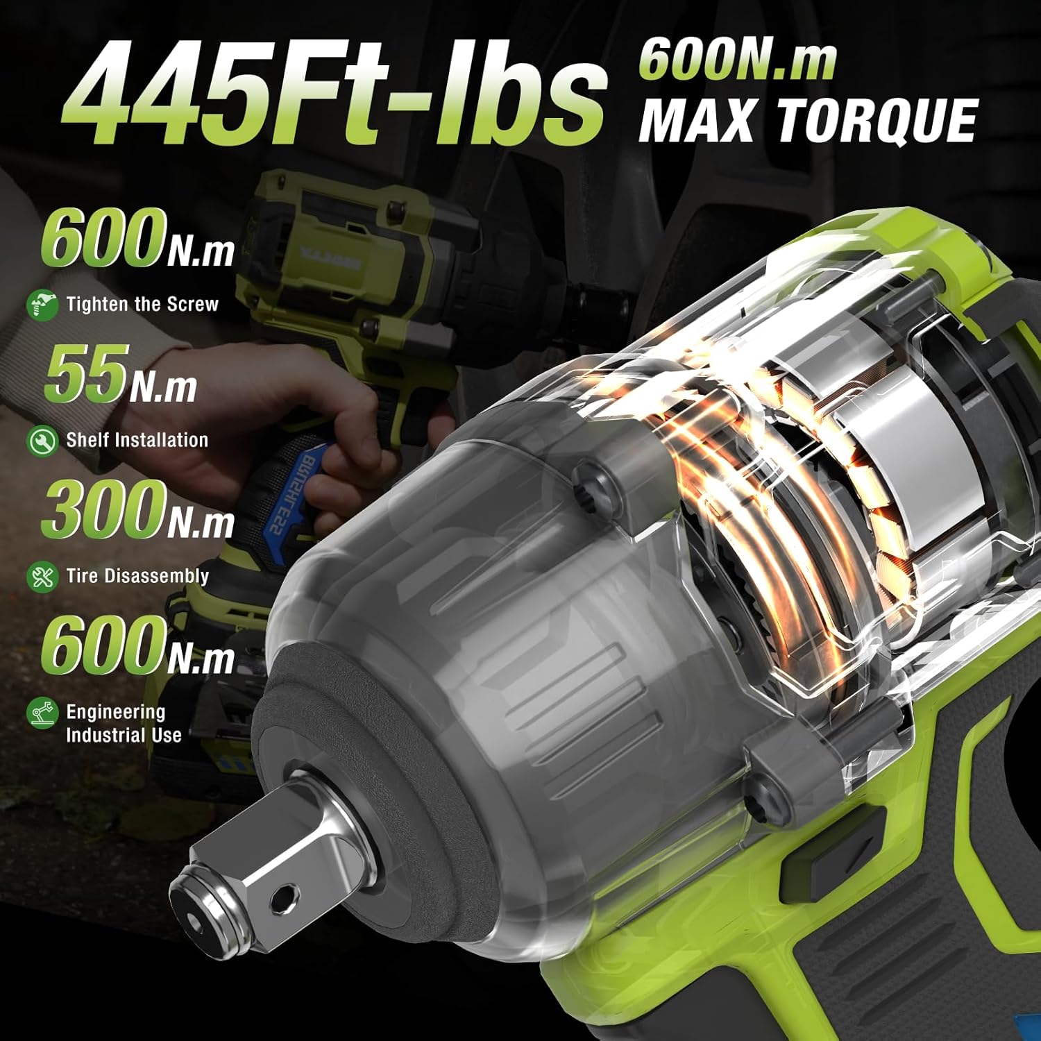24V Cordless Impact Wrench, 450Ft-lbs(600N.m) Brushless Electric Wrench Kit with 3-Mode speed, Fast Charger and 2×5Ah Li-Ion Battery,Power Cmpact Driver with LED Light for Car Truck（IW2401）