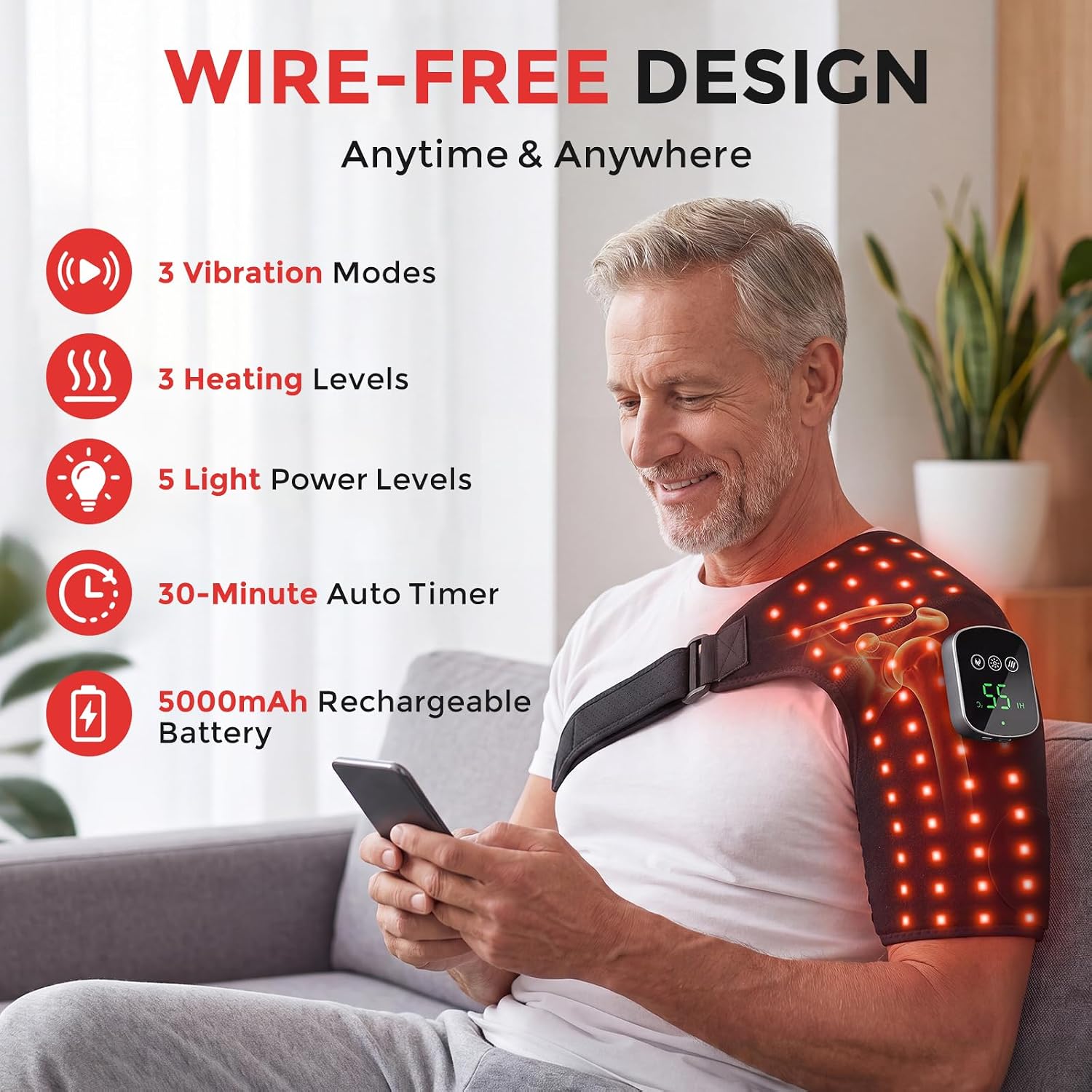 Red Light Therapy for Shoulder with Massage, 660nm & 850nm Infrared, 76 LED