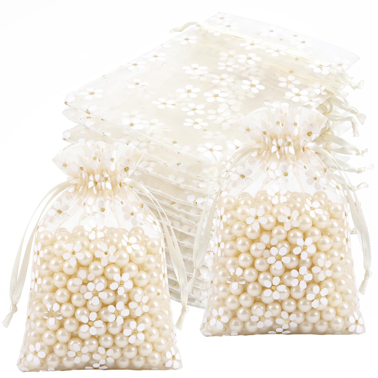 30Pcs Daisy Organza Bags 10x15CM Daisy Small OrganzaBag with Drawstring Organza Gift Bag Mesh Favor Bags for Birthday Wedding Party Baby Shower (10x15cm-White)