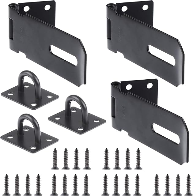 3 Pack of Padlock Door Hasp Latch, 4 Inch Sturdy Stainless Steel Padlock Hasp and Staple Shed Lock Hasp Door Latch with Screws for Door, Cabinet, Drawer, Cupboard, Sheds, Windowand, Box, Black