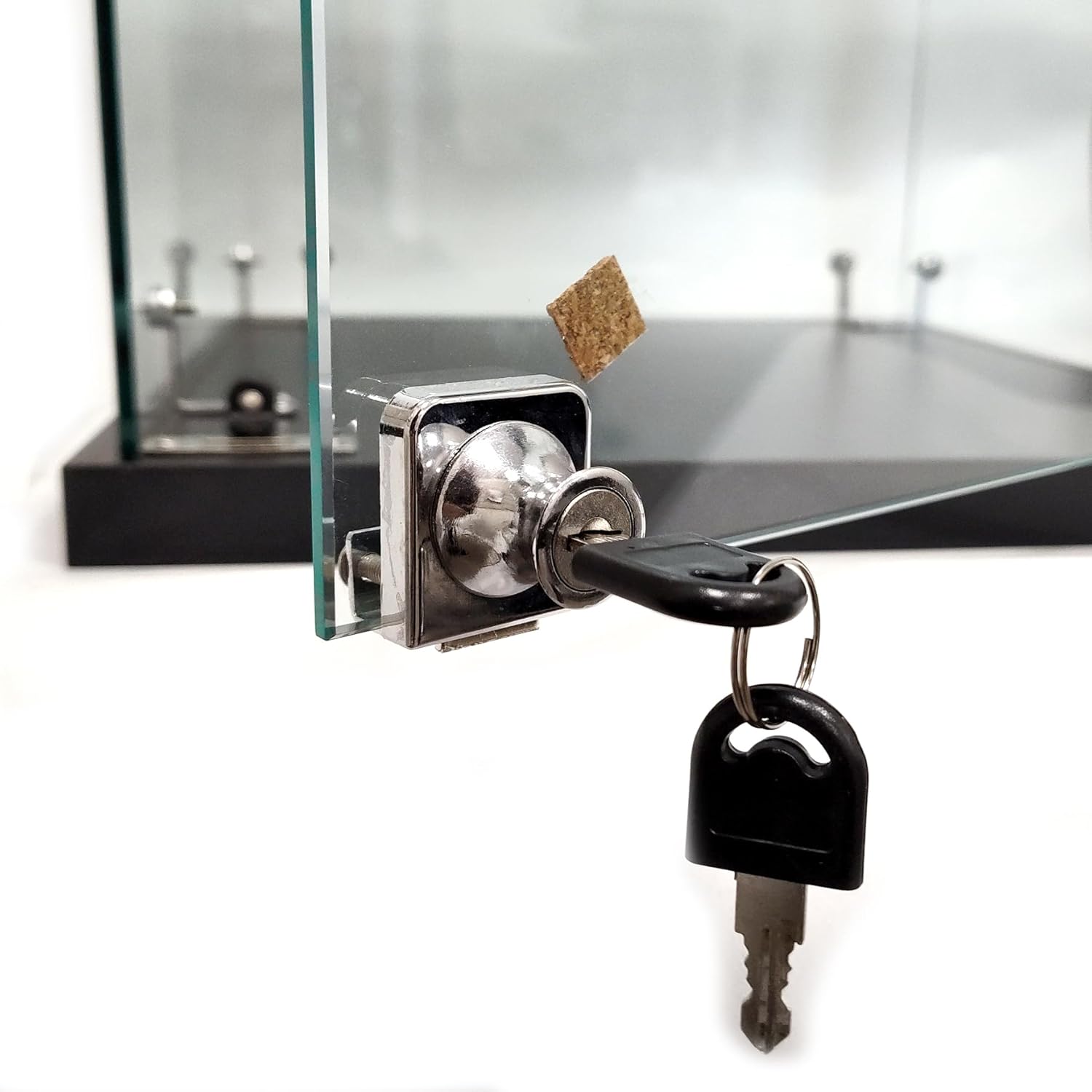 Close-up of the security lock and keys for the glass display case.
