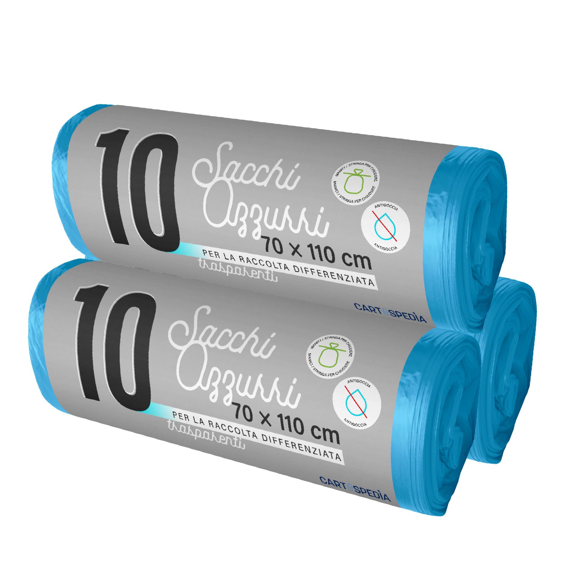 50 Sacchetti Spazzatura - BIODEGRADABILI- MISURA: 70x110 cm - con Manici | Sacchetti Immondizia da 110L, Trasparenti per Raccolta Differenziata | Buste Anti Umidità, Plastica Riciclata, Azzurri