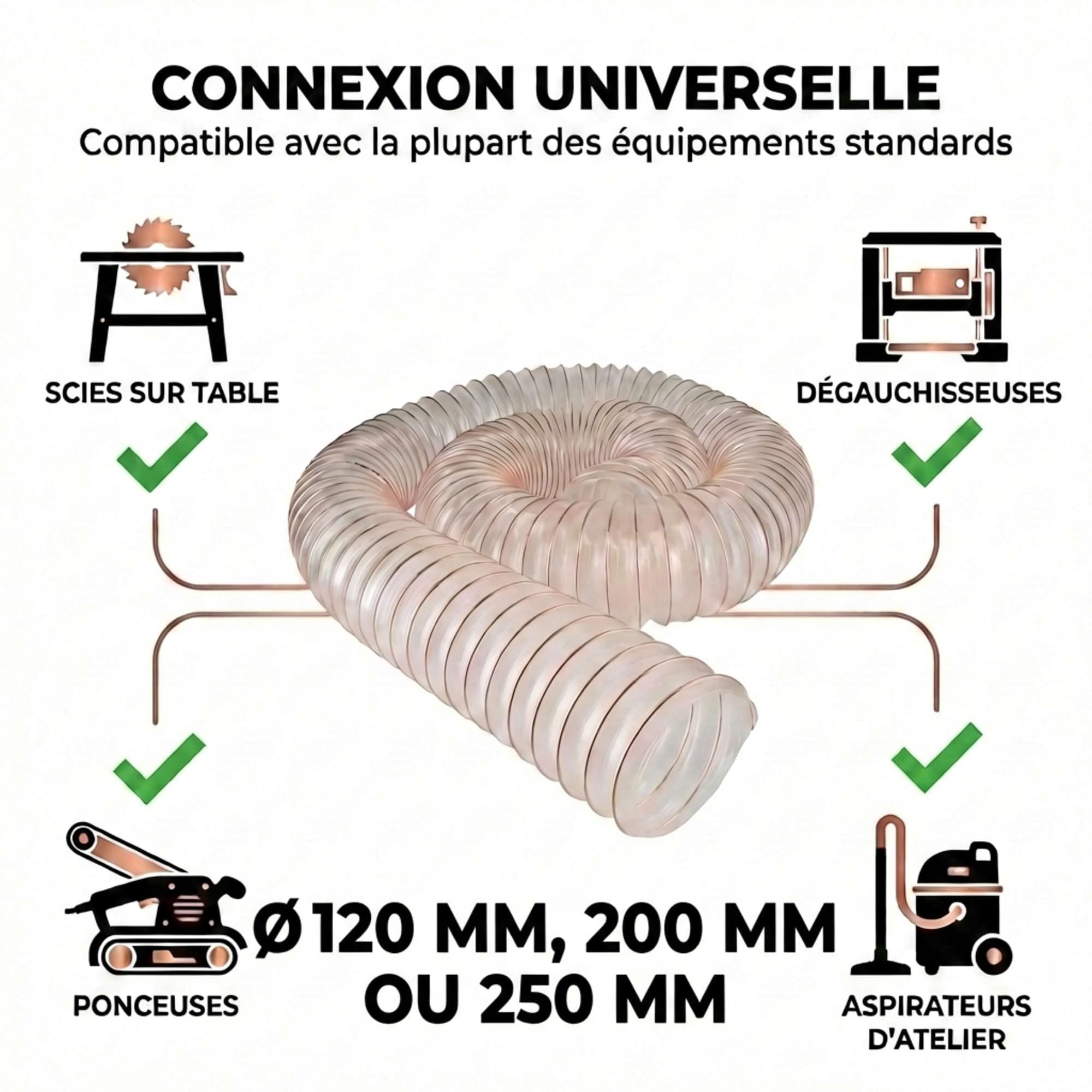 Gaine flexible d'aspiration en polyuréthane pour aspirateur à copeaux haute résistance - Longueur 5 mètres - Diamètre 120 mm mm