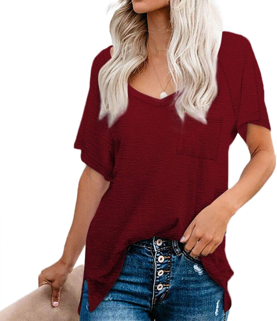 Womens Short Sleeve V Neck Summer Tops with Pocket Side Split T-Shirts Loose Fit