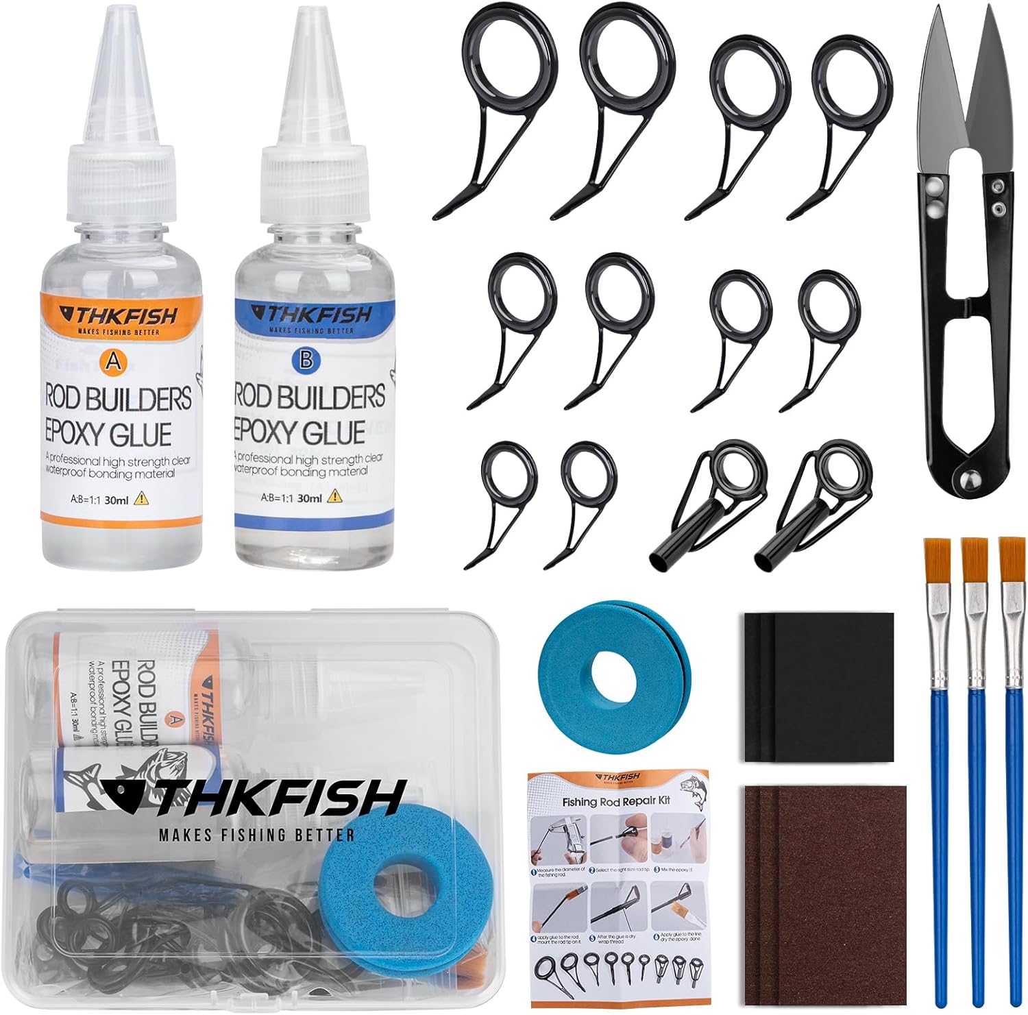 THKFISH Fishing Rod Tip Repair Kit or Rod Guides with Glue, Fishing Pole Tips Replacement Kit for Fishing Pole Tip with Rod Guides, Epoxy Glue, Wrapping Thread and Tape