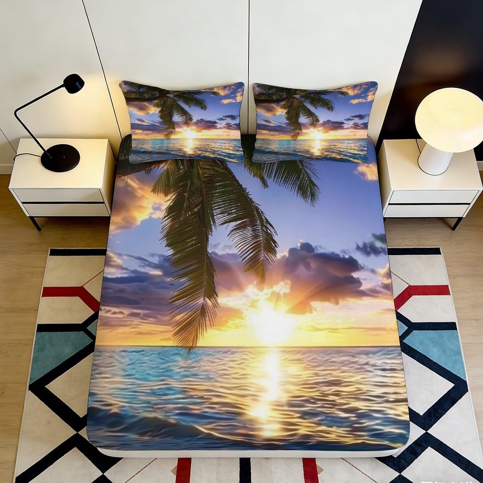 3D Printed Tropical Sunset Fitted Sheet Microfiber Soft Palm Beach Bed Cover Bedroom Decor Easy Care 90x200x25cm