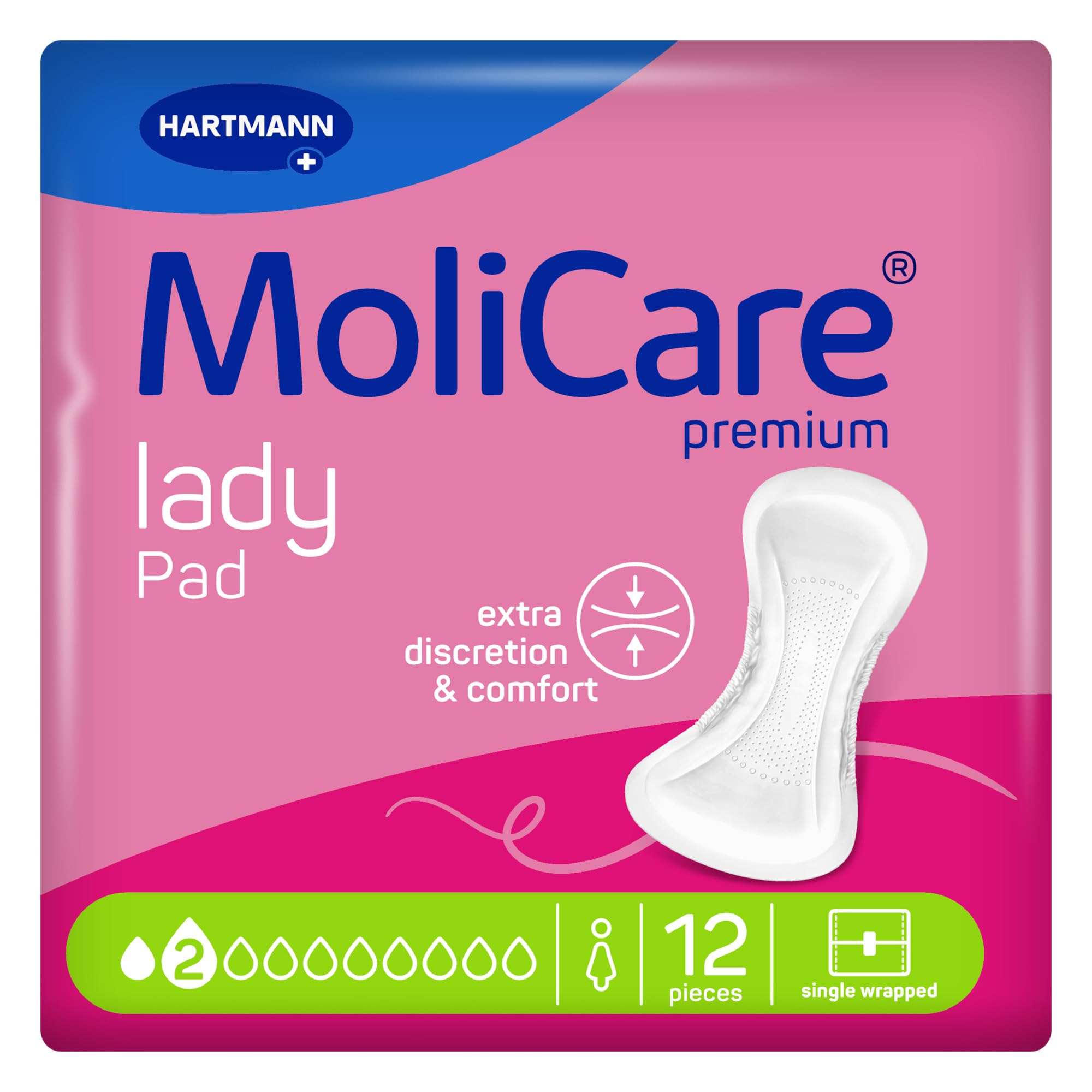 MoliCare Lady Pad 2 Drops | Slim and Discreet Incontinence Pads for Women with Bladder Weakness | Odour Neutraliser | Prevents Leaks | 12 Pieces