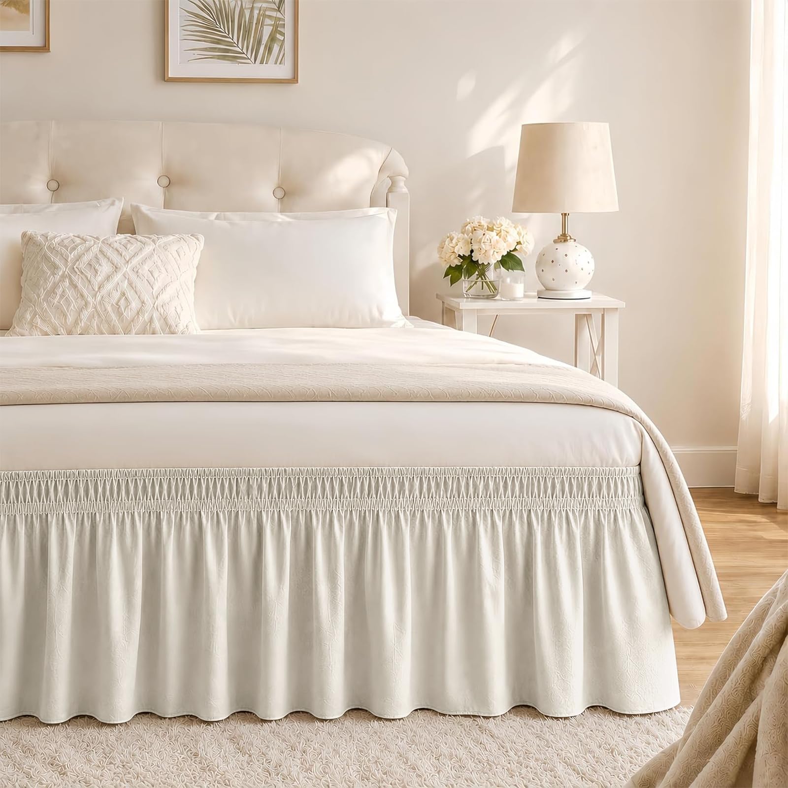 RIMELA Ivory Bed Skirt King Size 18 Inch Drop, Elastic Bed Skirting for Bed Base and Frame, Bedding Dust Ruffle Easy to Install, Lightweight Wrap Around Adjustable Bedskirt