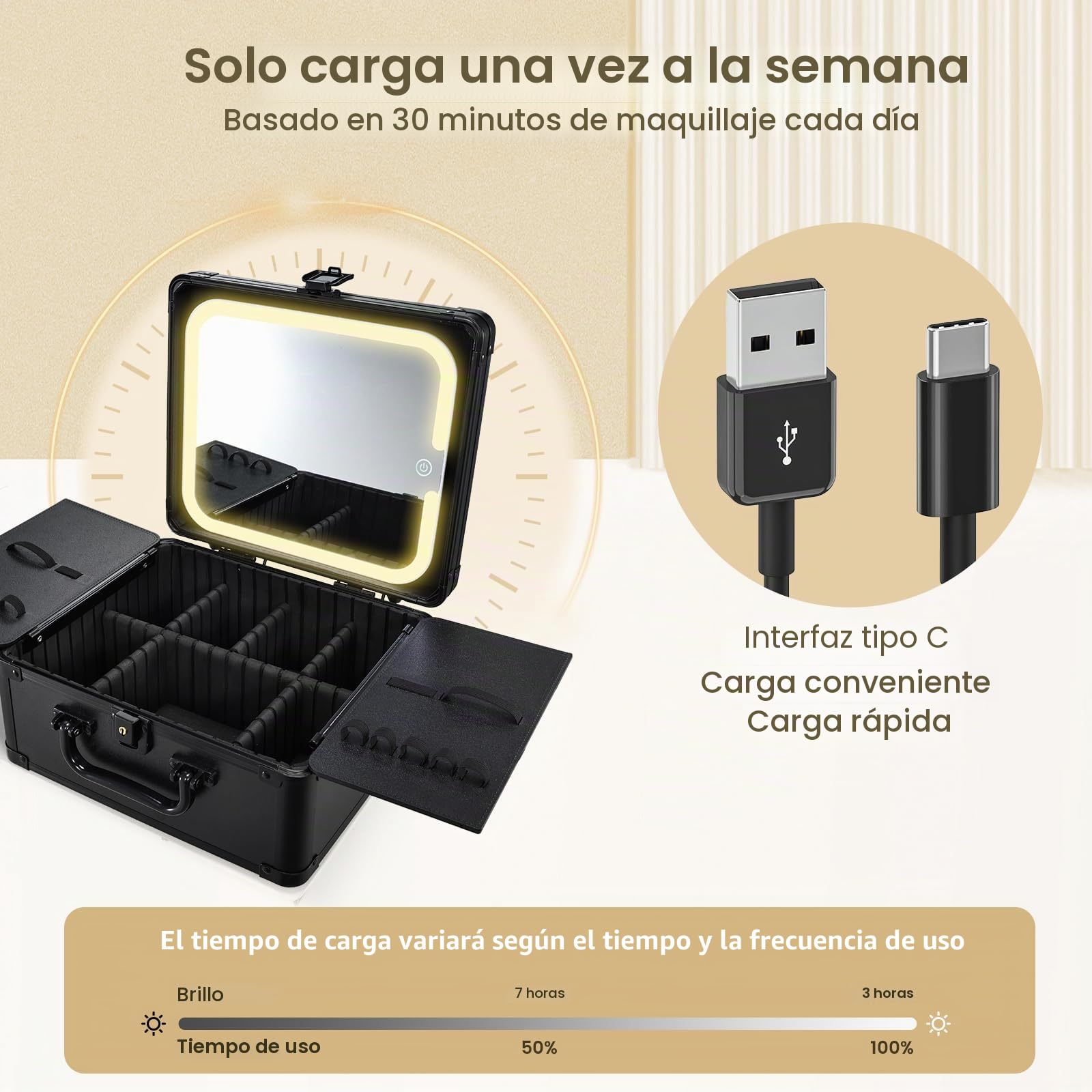Maletin Maquillaje con LED Grande Maletín Organizador Maquillaje portátil de Cuero PU Estuche Maquillaje con Espejo extraíble Neceser Maquillaje con Soporte para brochas de Maquillaje, Negro