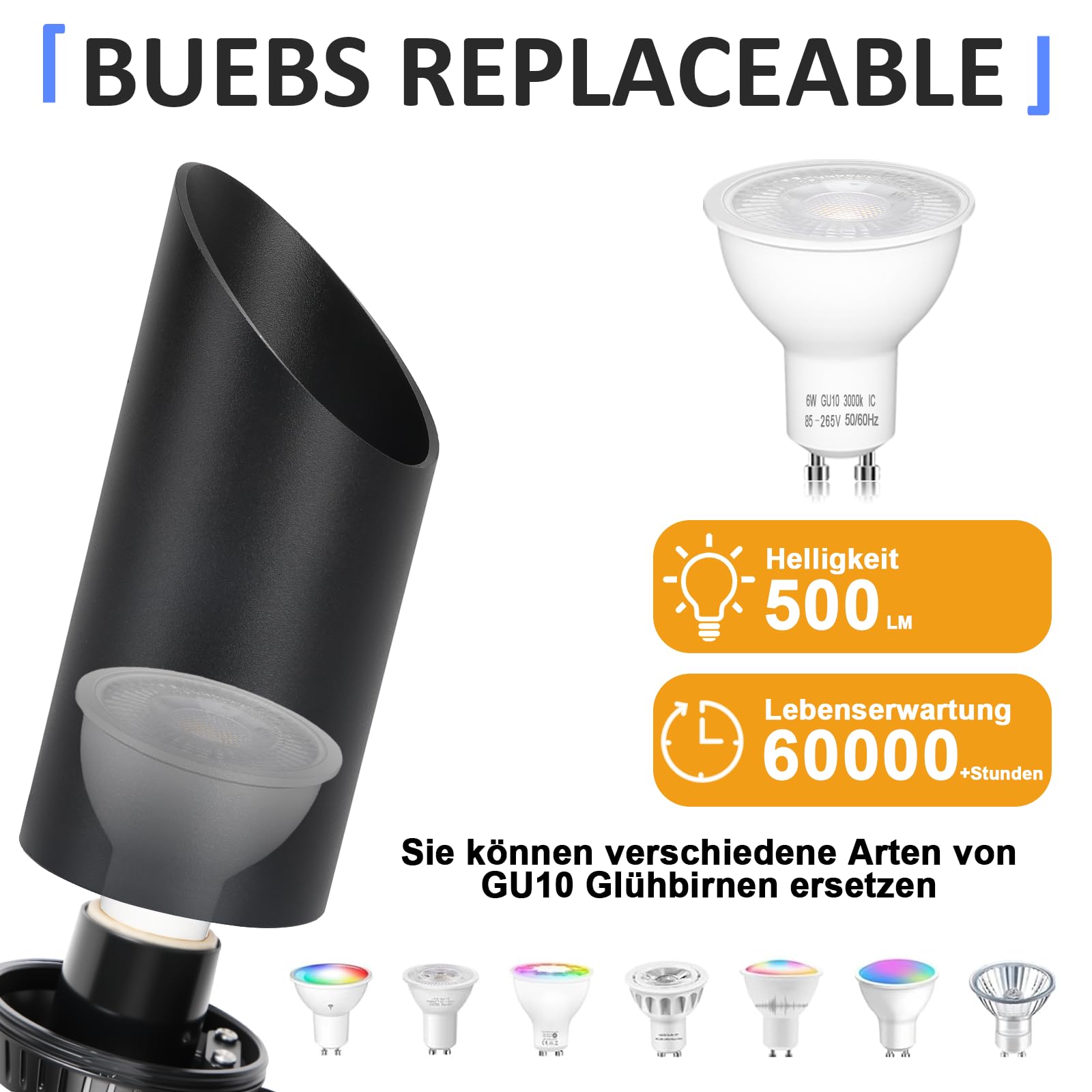 Faretto LED da Terra – Lampada da Terra 6W per Interni, Nero, 3000K Bianco Caldo, Con Lampadina LED GU10 500LM, Faretto con Interruttore a Pedale (nero, 2 confezioni)